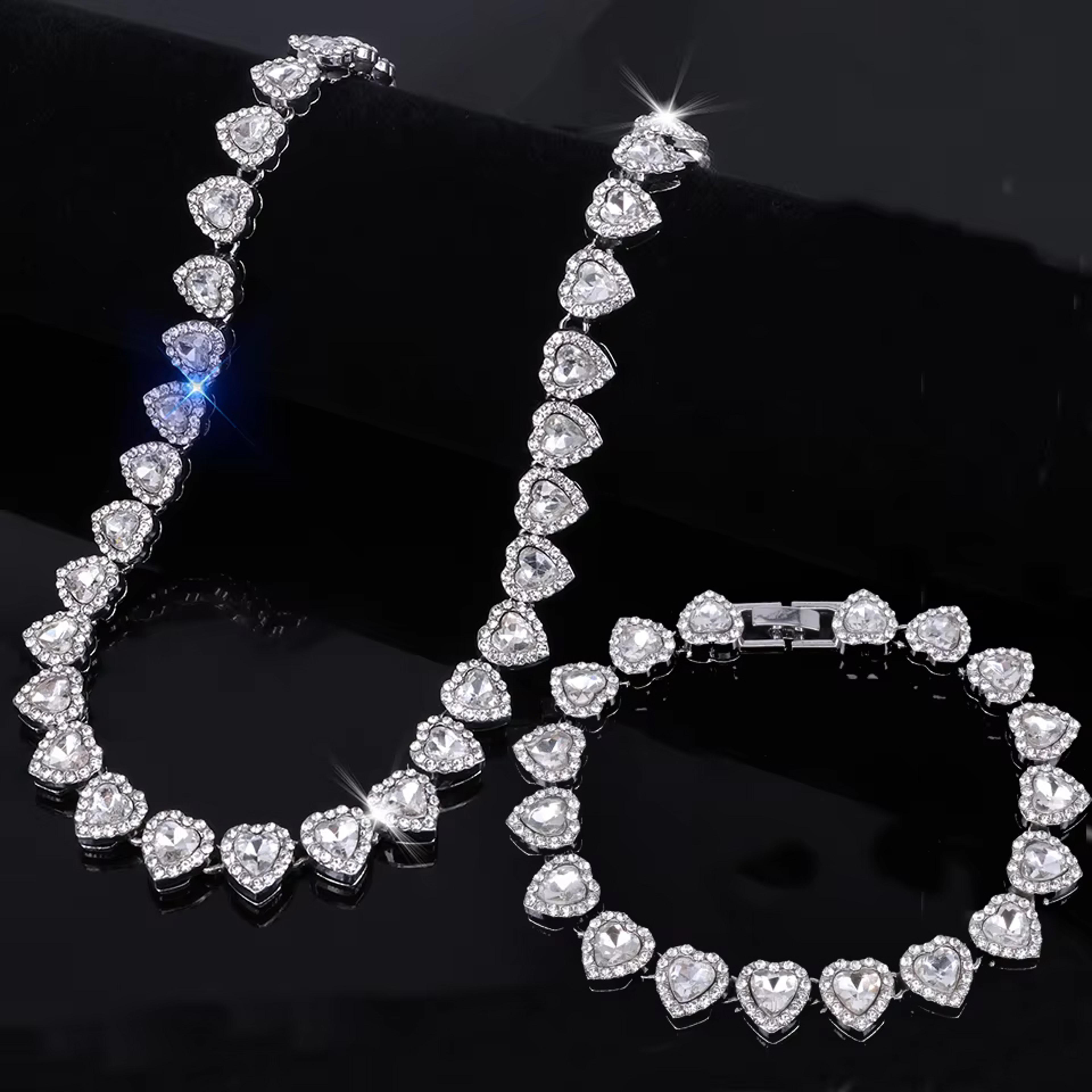 ZAKOL Heart Tennis Chain Necklace  Bracelet Set With CZ Rhinestones For Hip Hop Style 7