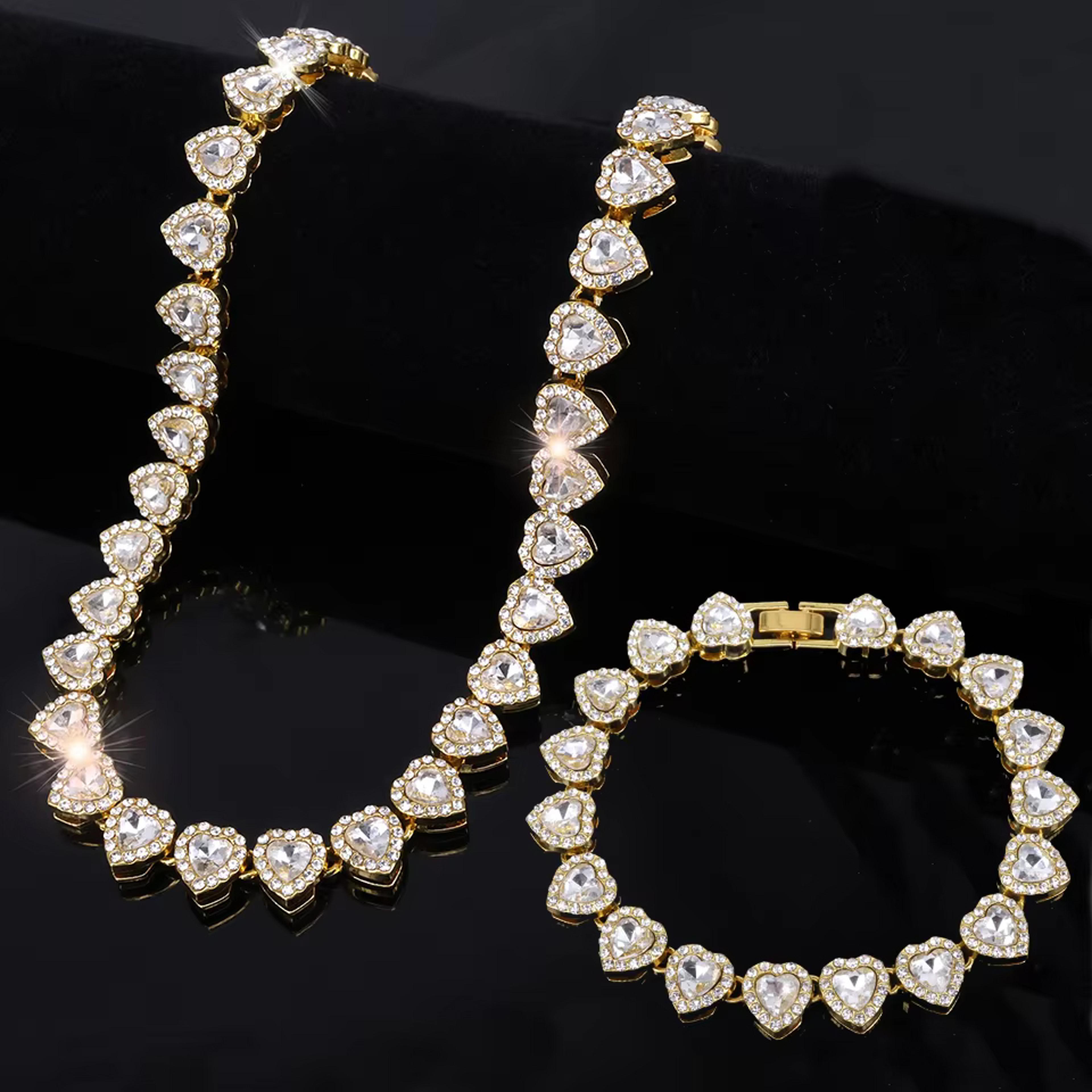 ZAKOL Heart Tennis Chain Necklace  Bracelet Set With CZ Rhinestones For Hip Hop Style 8