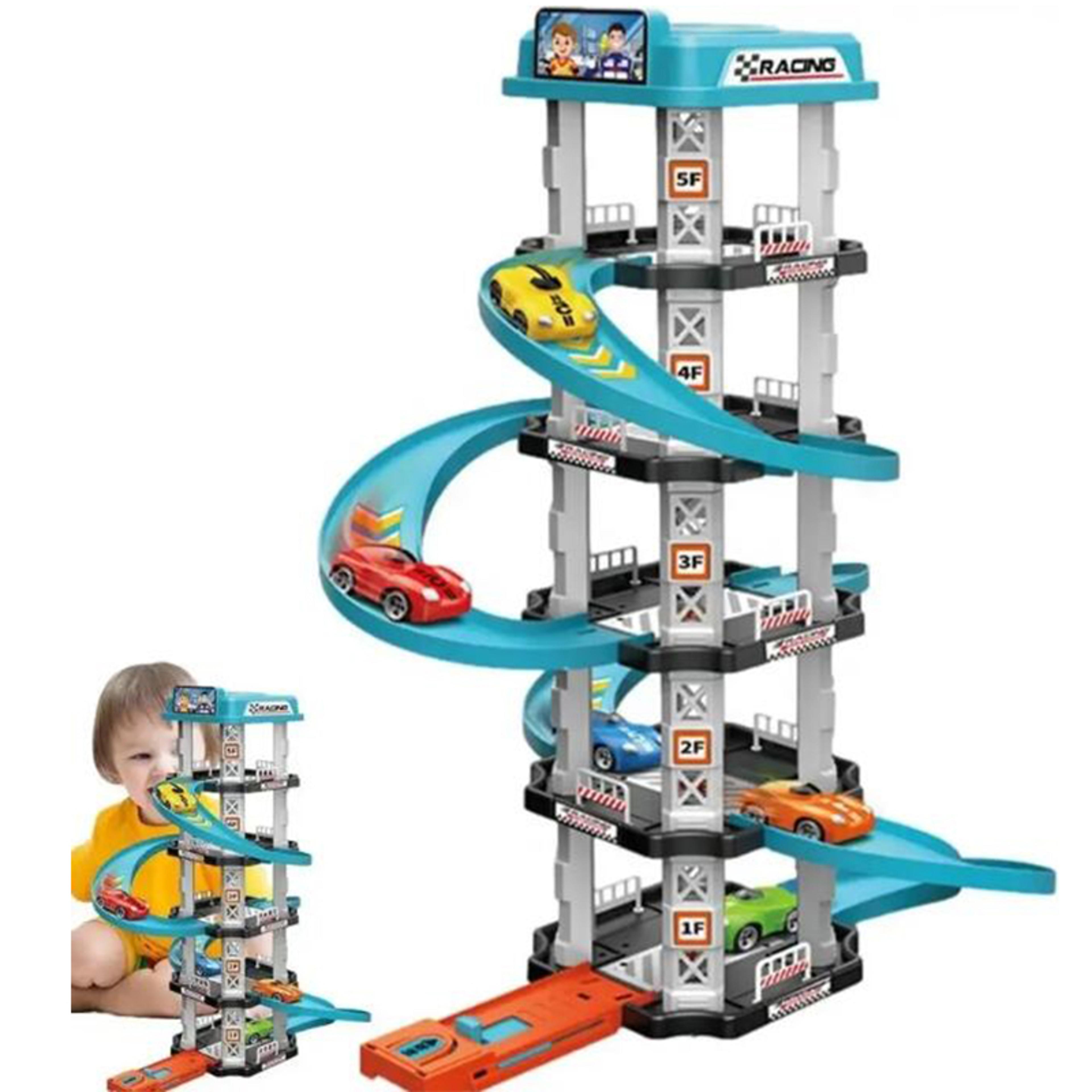 race track car ramp toy with gliding rail and puzzle pieces