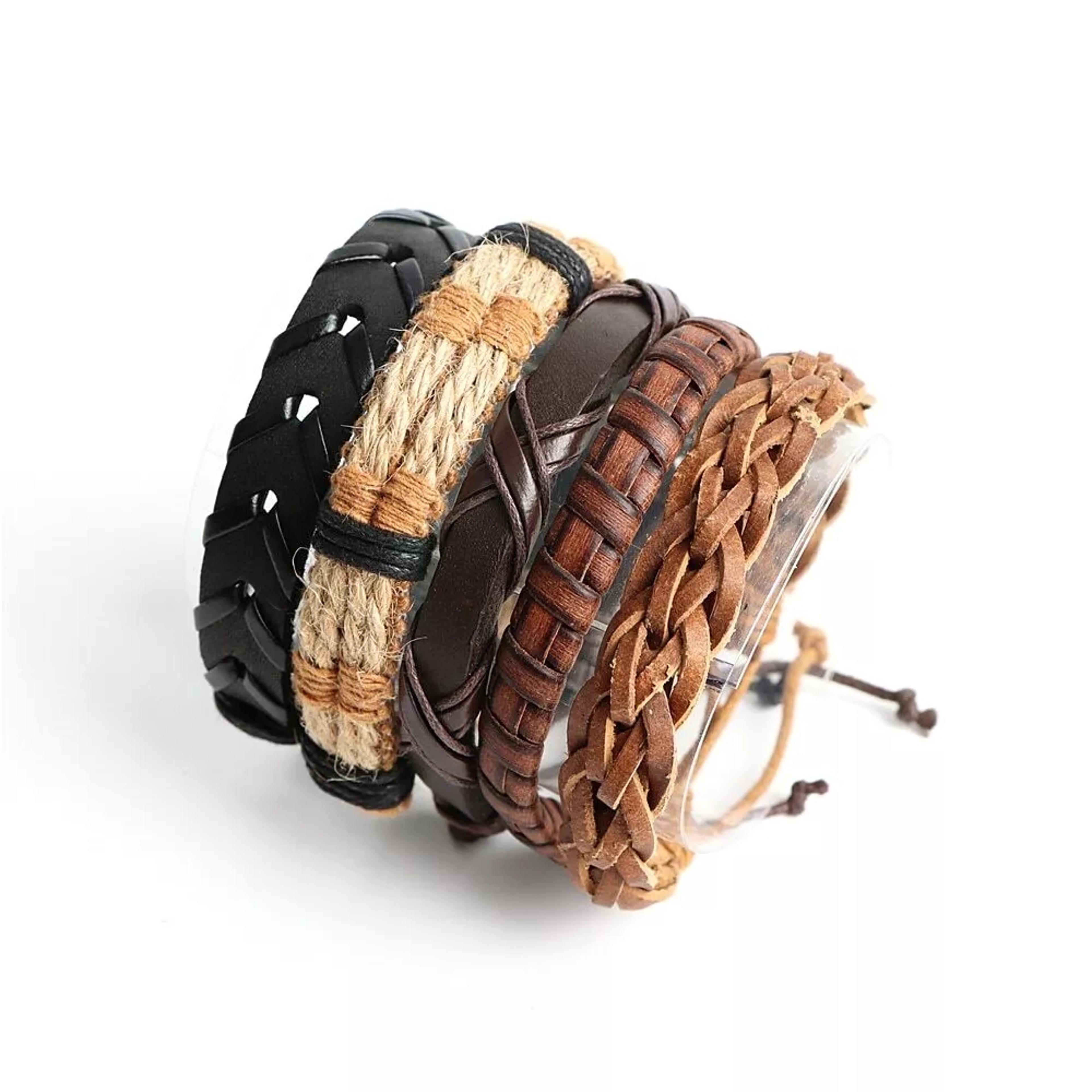 Braided Leather Bracelet Set With Wood Beads  Boho Wrap Designs For Men  Women 3