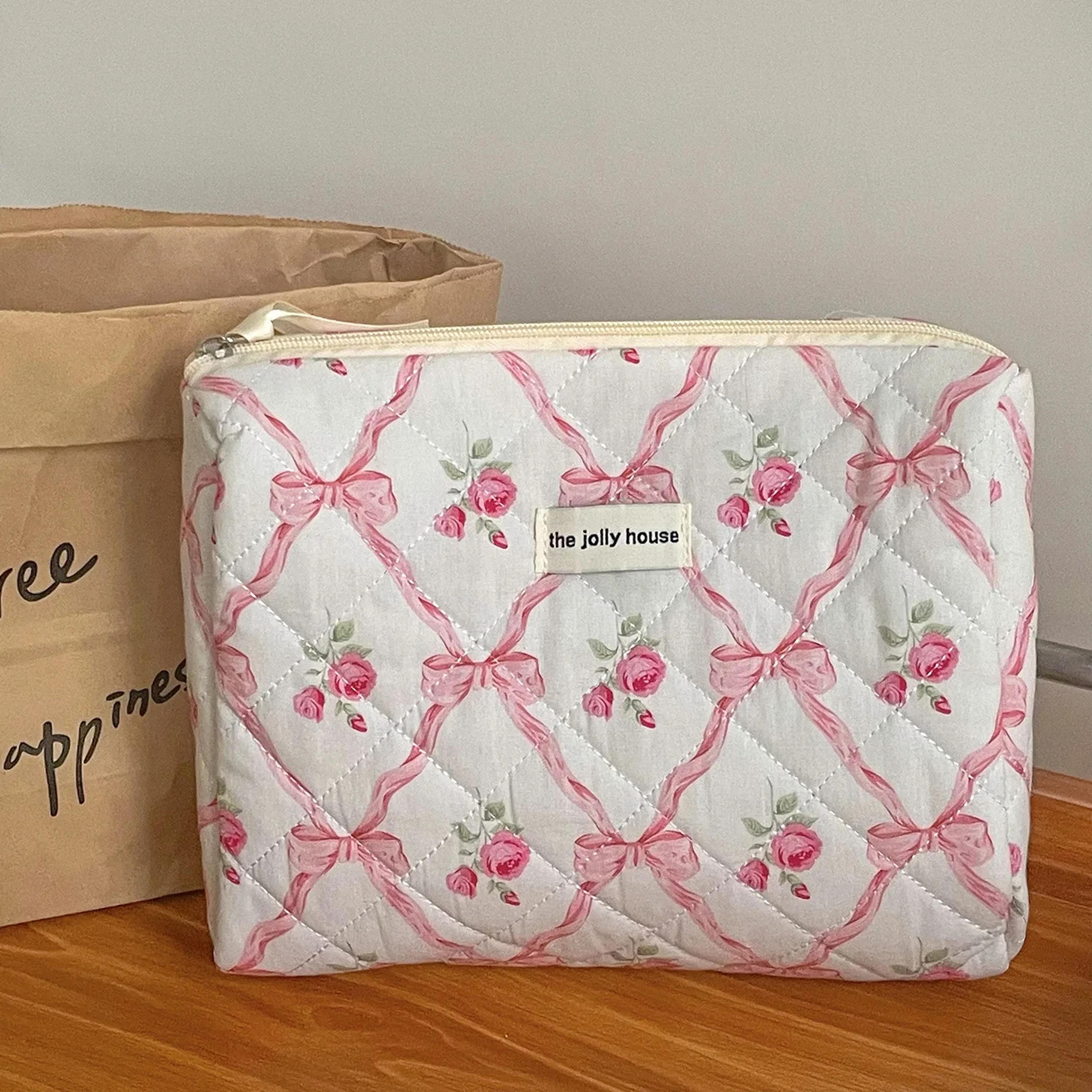 Women Cute Bow Flower Zipper Quilting Cotton Makeup Bag Pink-b