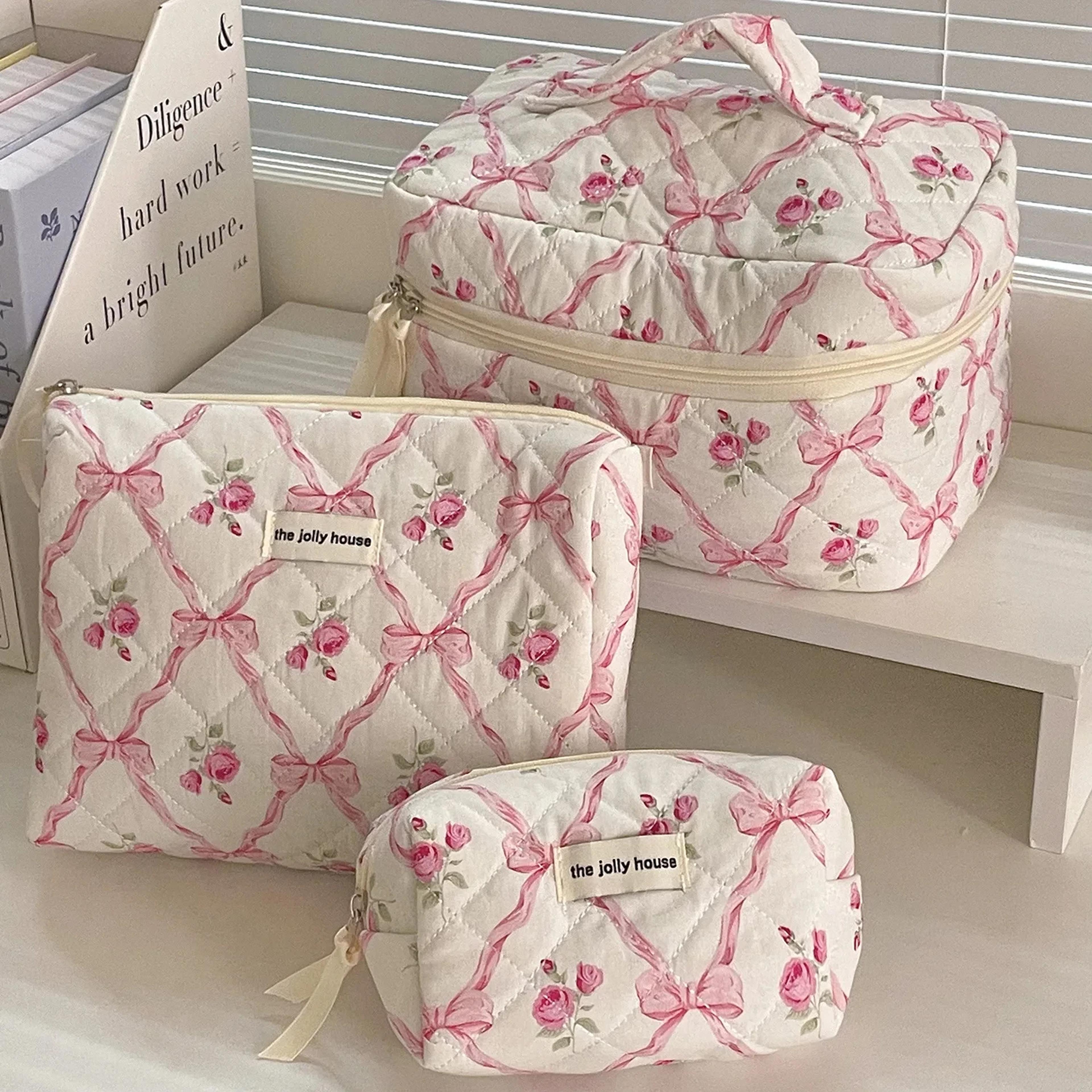 Women Cute Bow Flower Zipper Quilting Cotton Makeup Bag 5