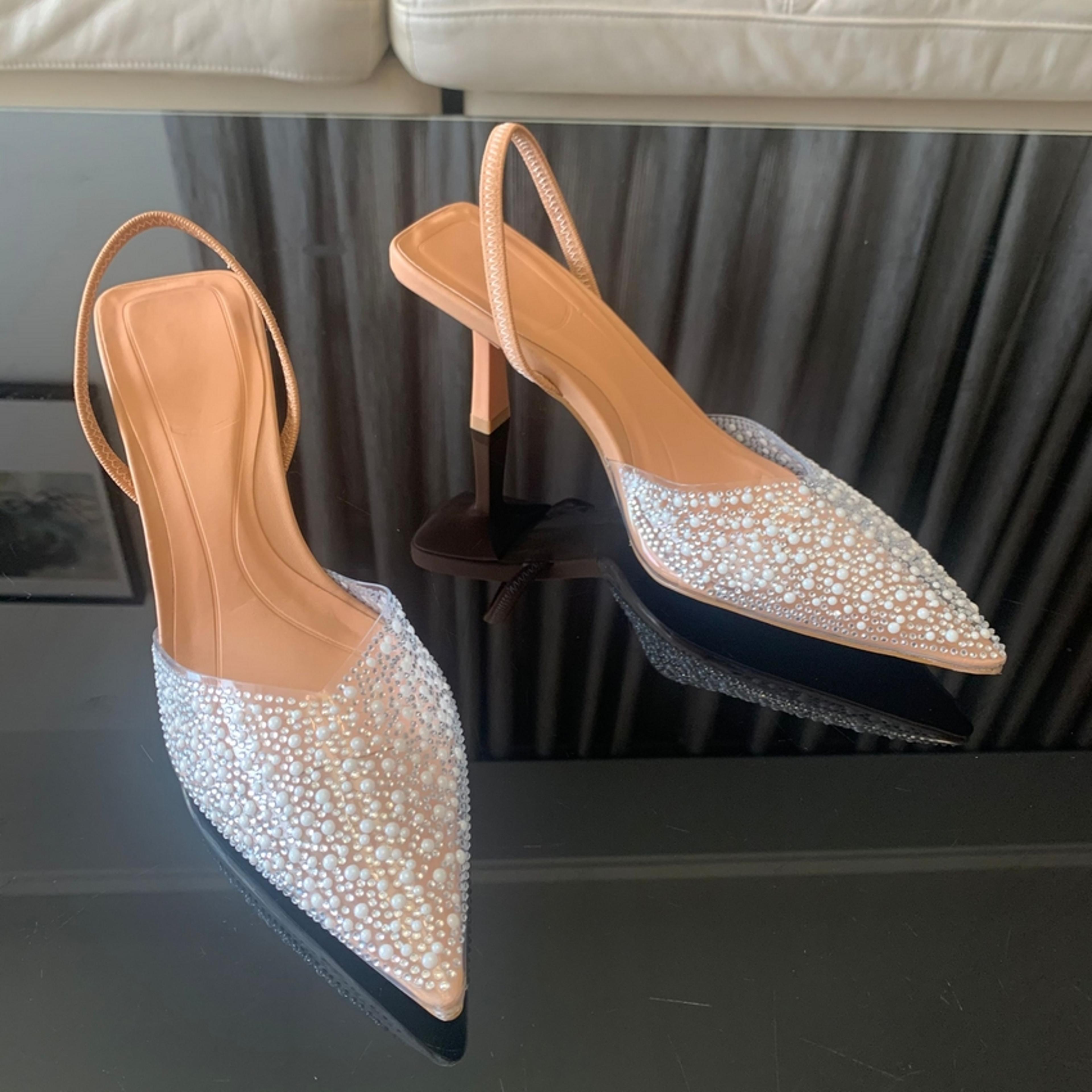 Elegant Summer Women High Heels Pearl Decorated Slingback Pumps Pointed Toe High Heels Sandals For  5