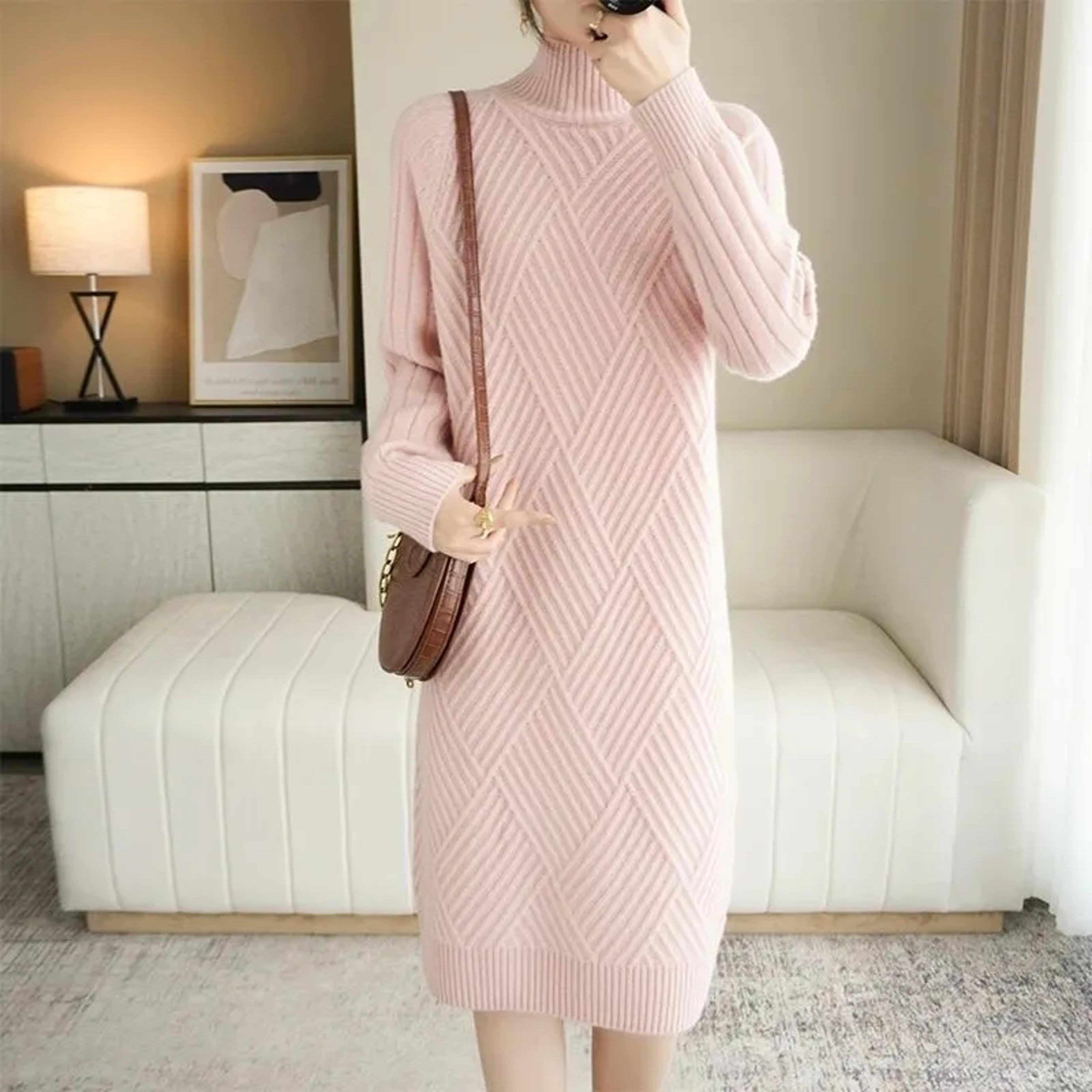 Autumn Winter Warm Korean Turtleneck Long Sleeve Bottoming Knitted Dresses Straight Sweater Dresses 2
