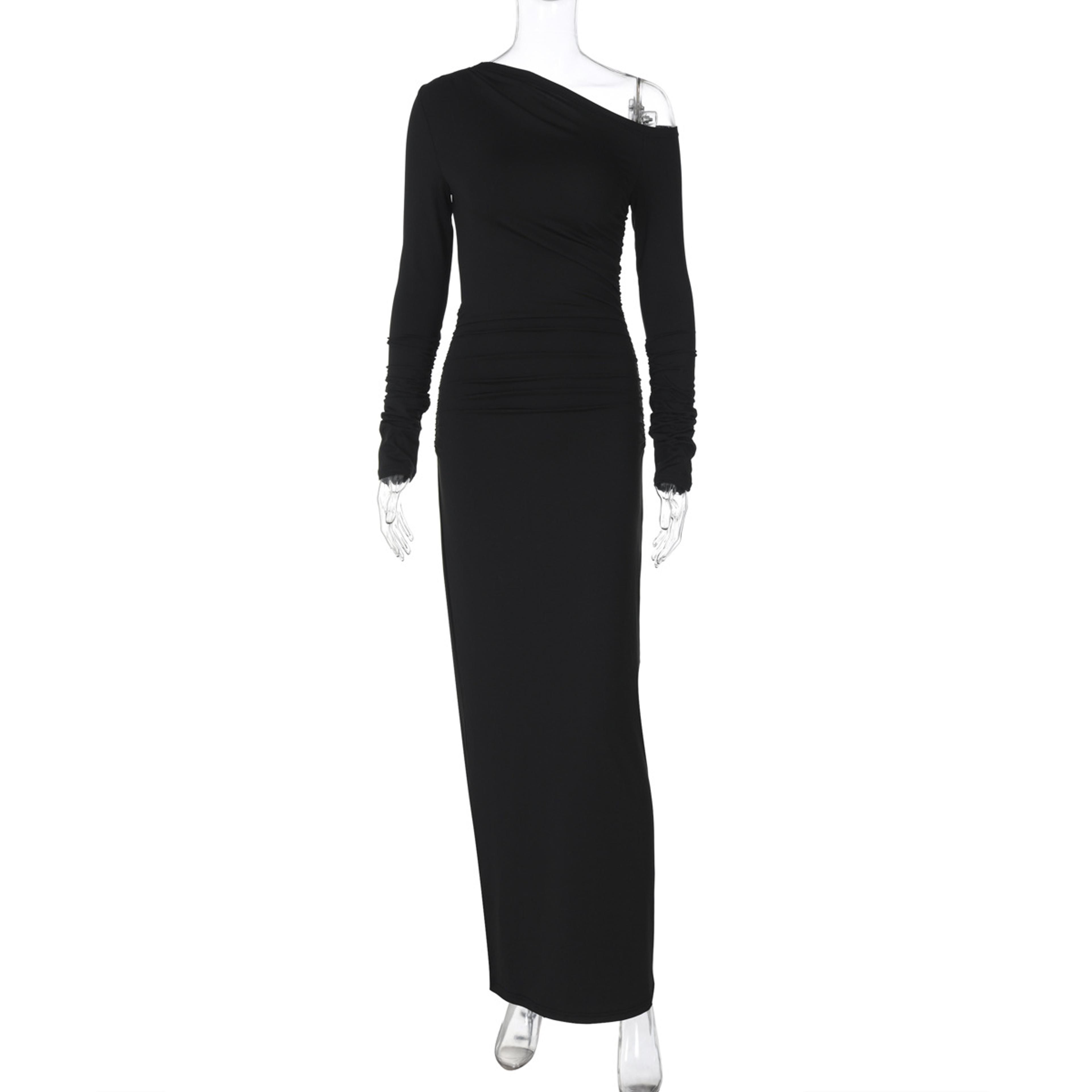 Elegant White Skew Collar Long Sleeve Maxi Dress For Women Autumn Winter Bodycon High Waist Formal  6