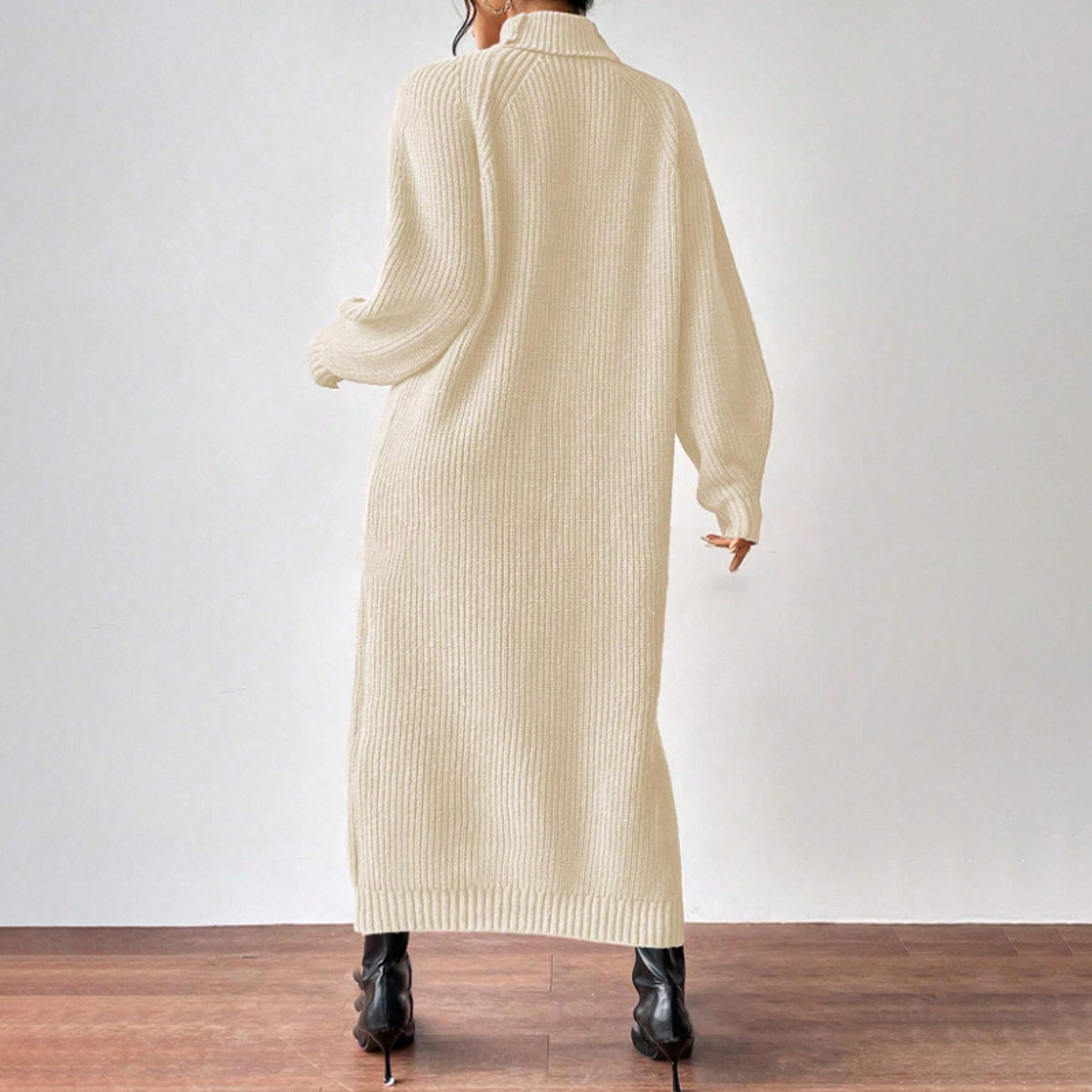 Women Autumn Winter Slouchy Solid Knit Turtleneck Long Sweater Dress Loose Knit Dress Ankle Length  2