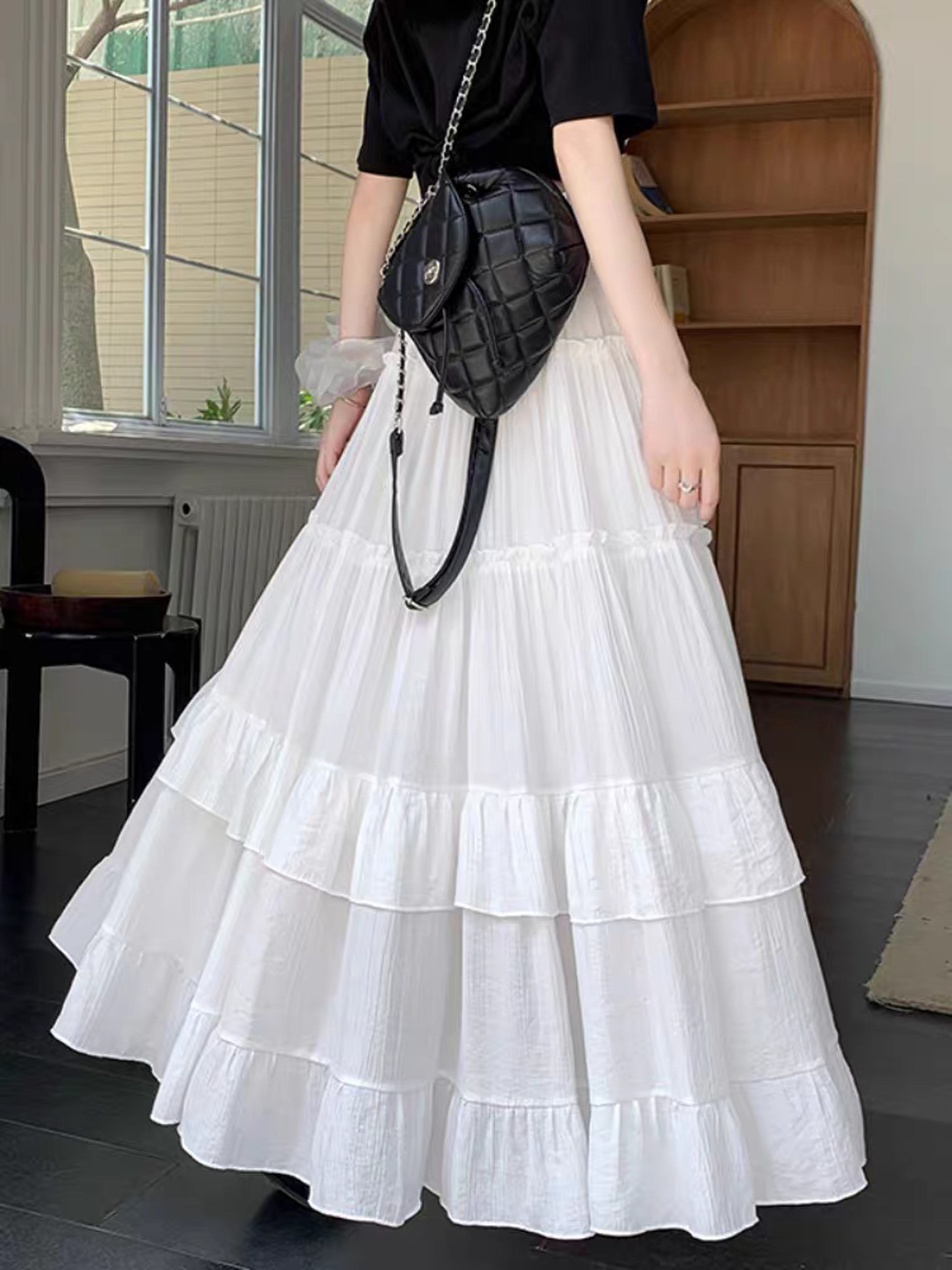 High Waist Flowy ALine Maxi Skirt White Tiered Ruffle Hem Skirt Summer Chiffon Layered Pleated Skir 2