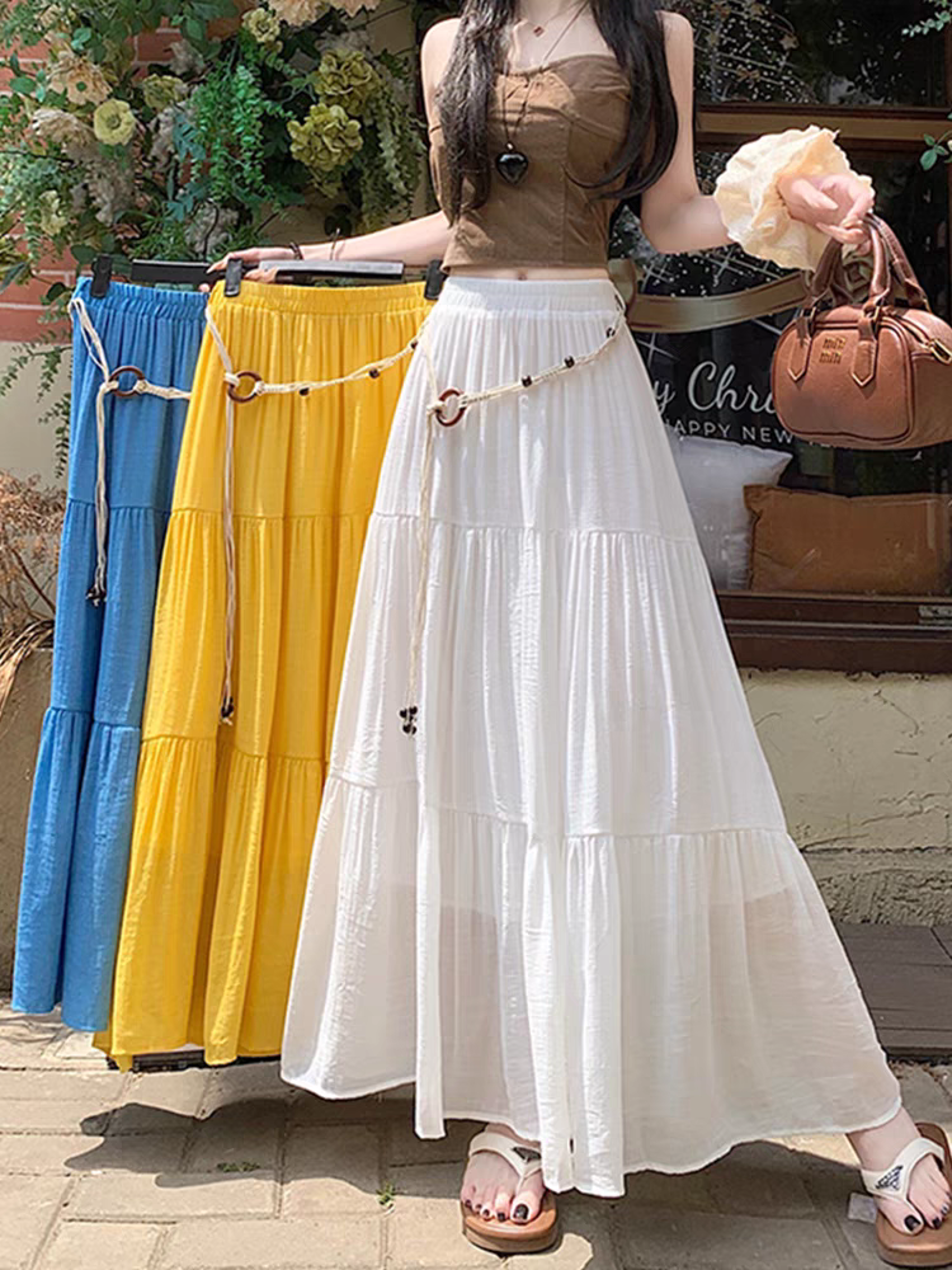 boho summer cotton-linen midi skirt, flowy pleated a-line long skirt with slimming fit, perfect for vacation