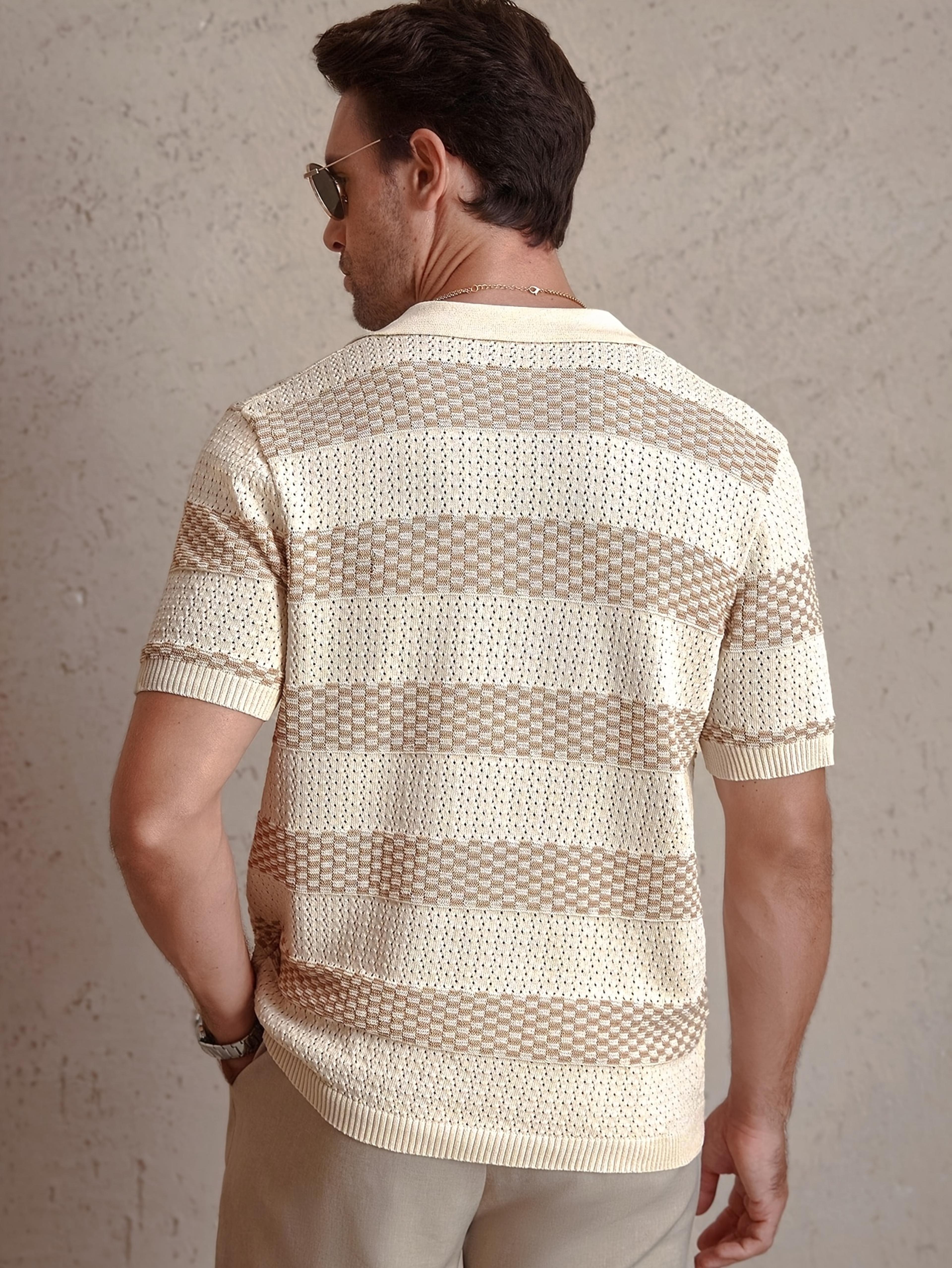 Mens Knitted Polo Shirt Vintage Striped Breathable Summer Pullover 5