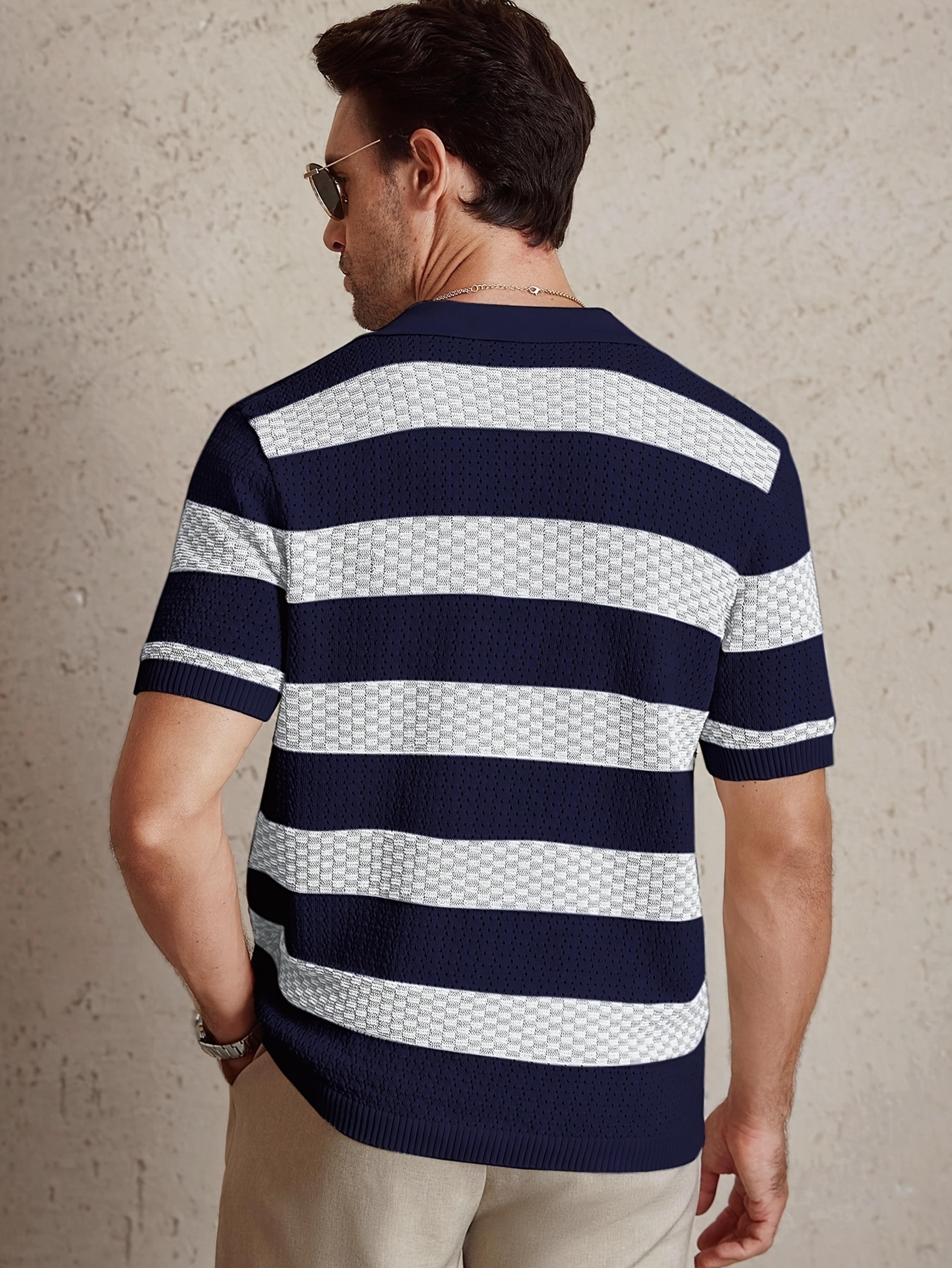 Mens Knitted Polo Shirt Vintage Striped Breathable Summer Pullover 3