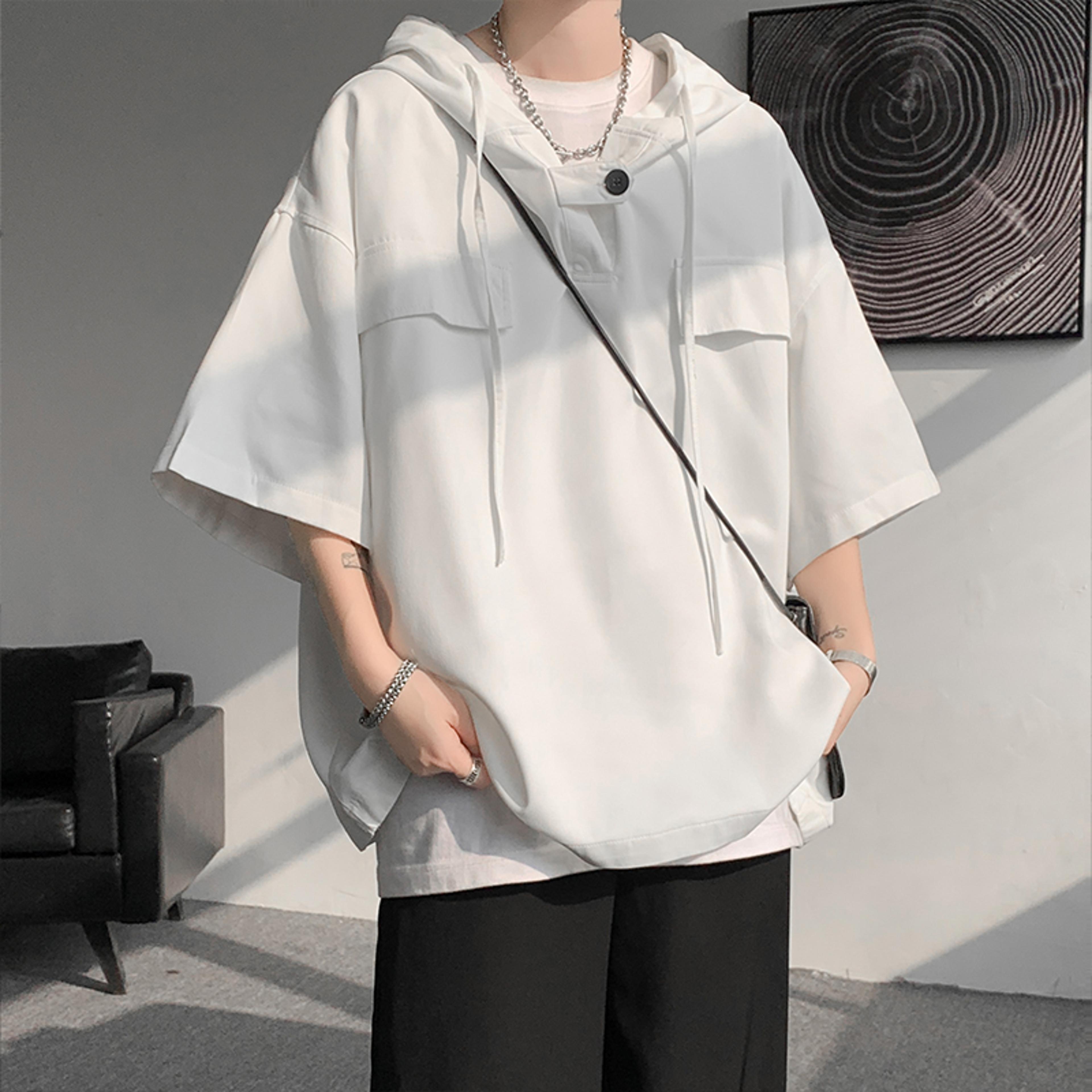 Mens Korean Style Hooded TShirt Loose Casual Streetwear Pullover 1