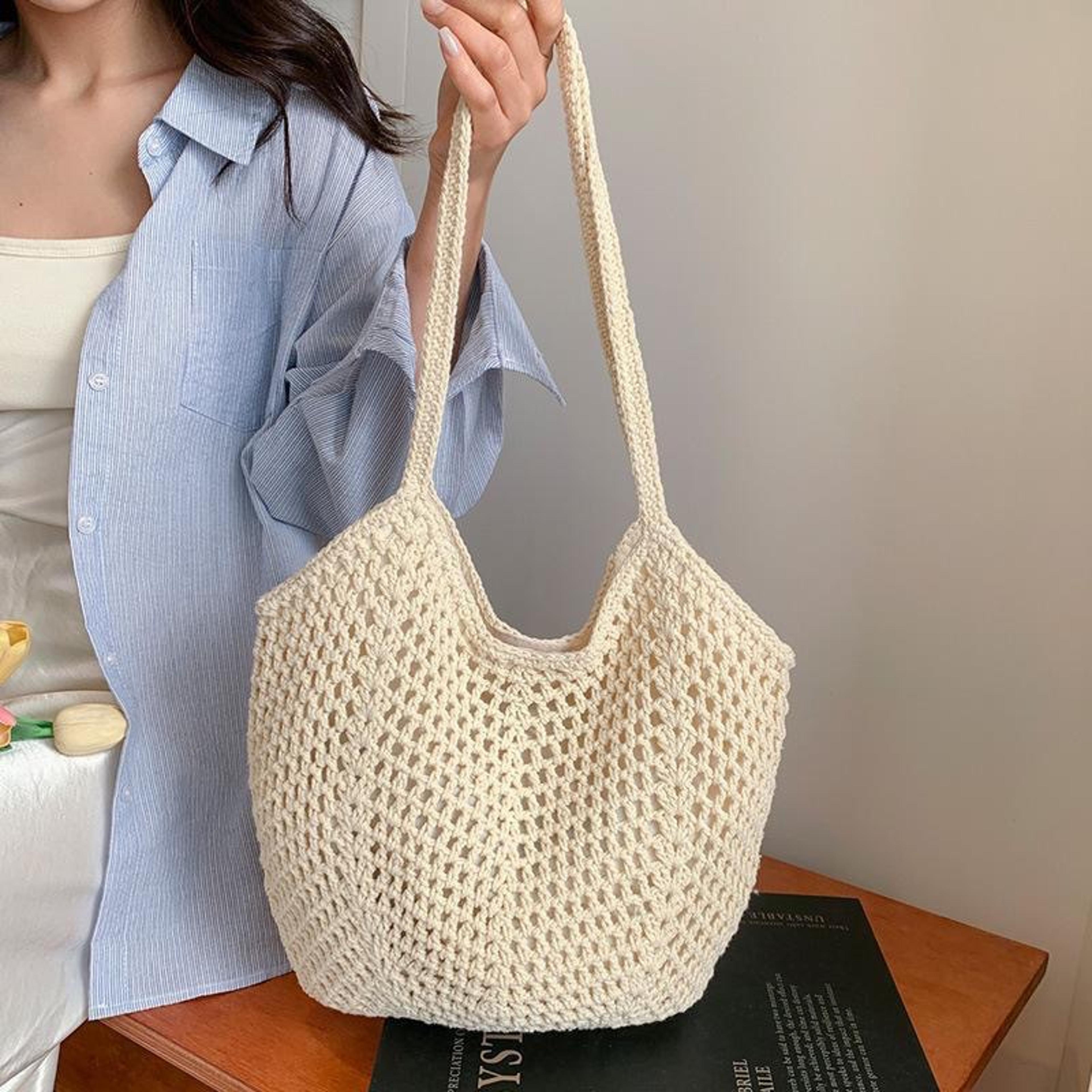 Boho Woven Casual Beach Bag  Hollow Out Summer Vacation Tote  Lightweight Single Shoulder Shopping  1