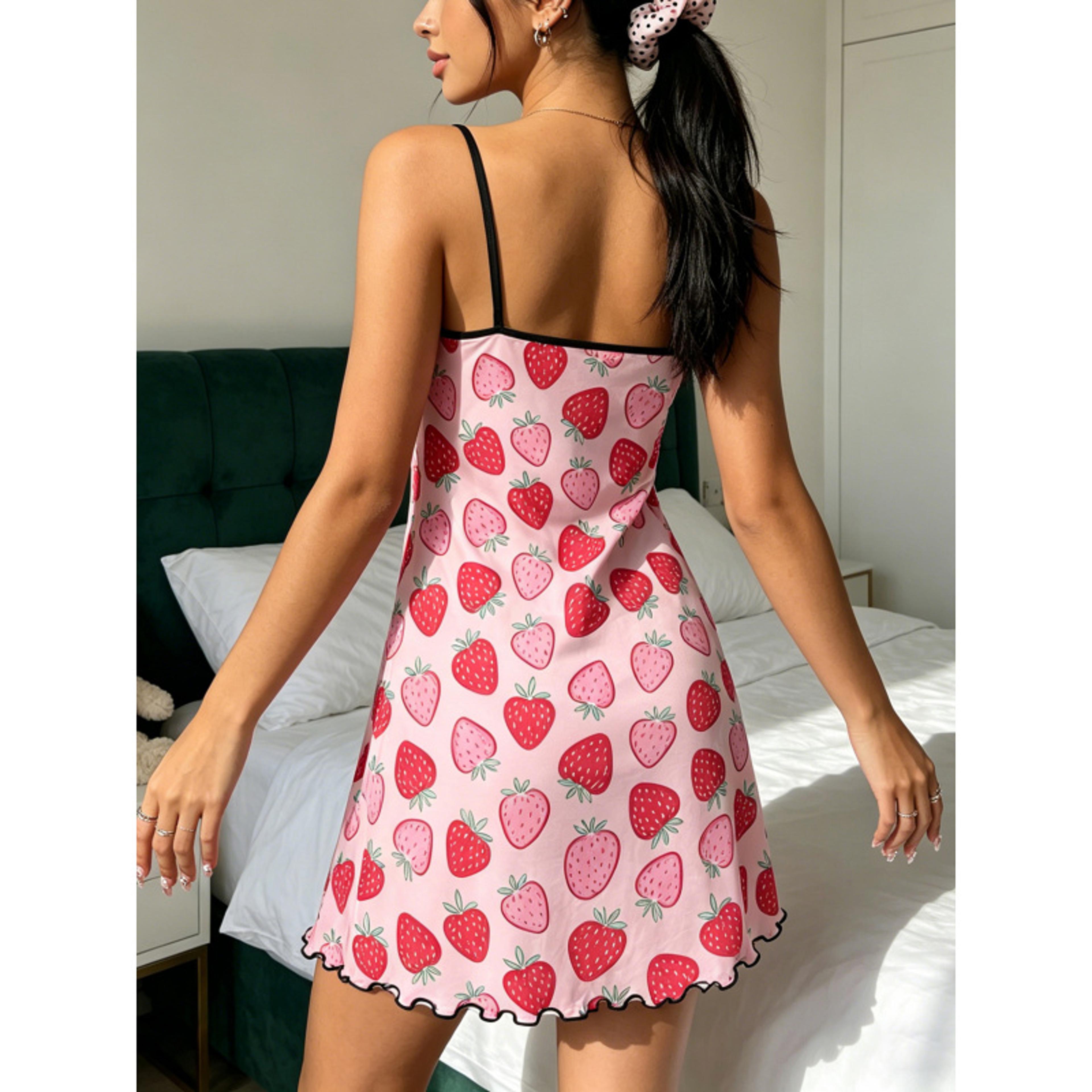 Strawberry Print Women Summer Nightdress Spaghetti Strap Ruffle Sleep Dress 1