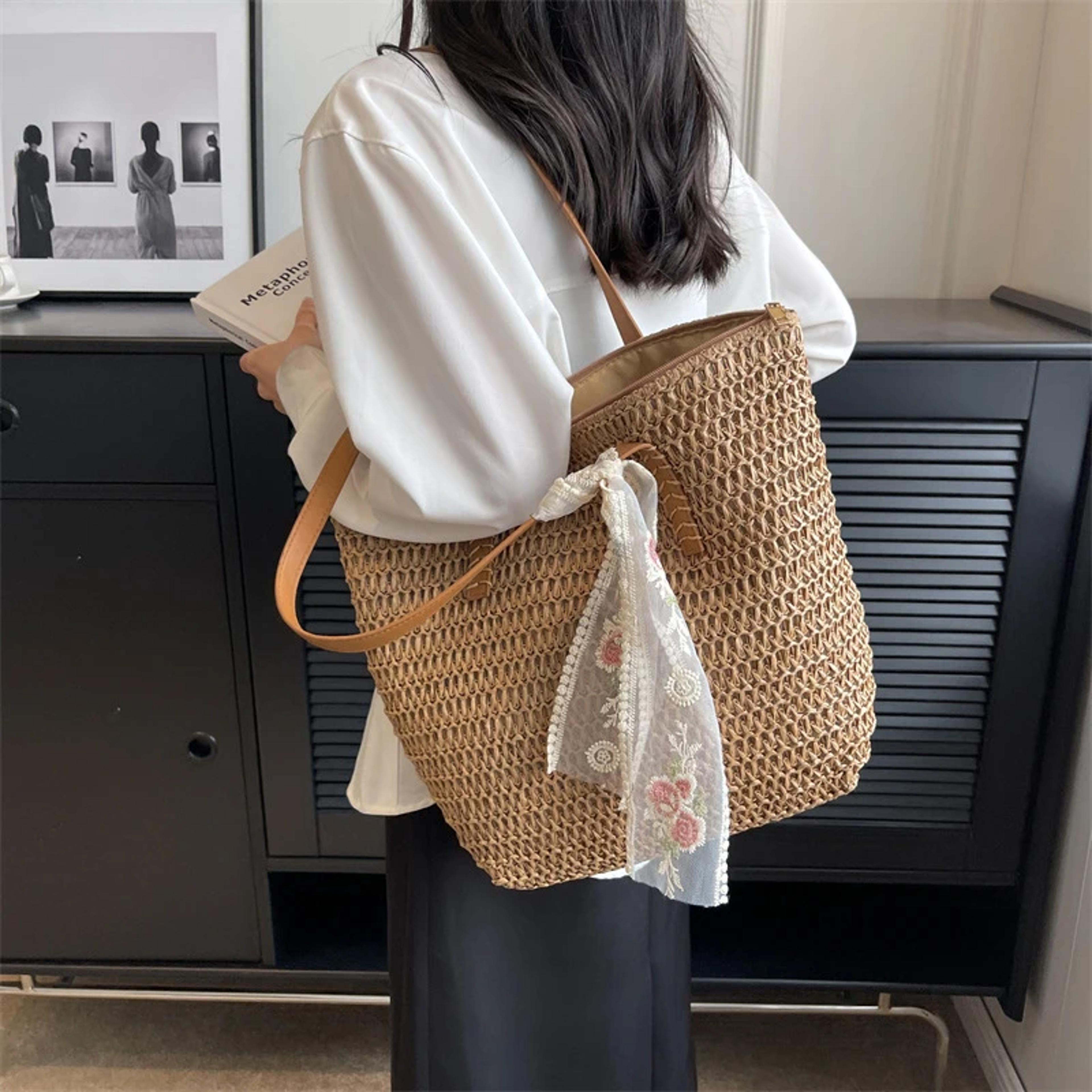 handmade grass woven shoulder bag – large capacity summer tote & casual beach handbag