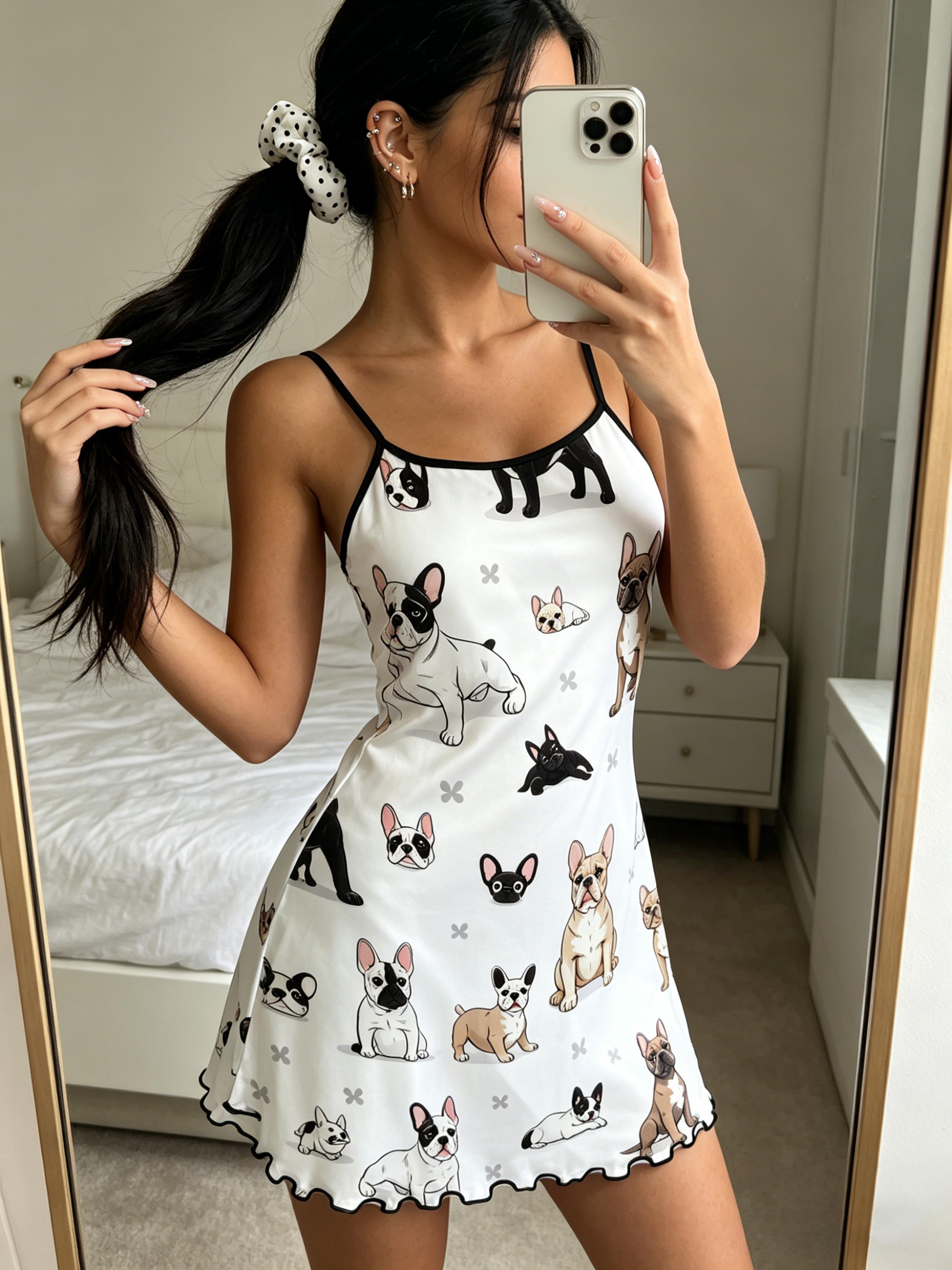 French Bulldog Print Womens Summer Nightdress  Cute Spaghetti Strap Ruffle Sleep Dress 4