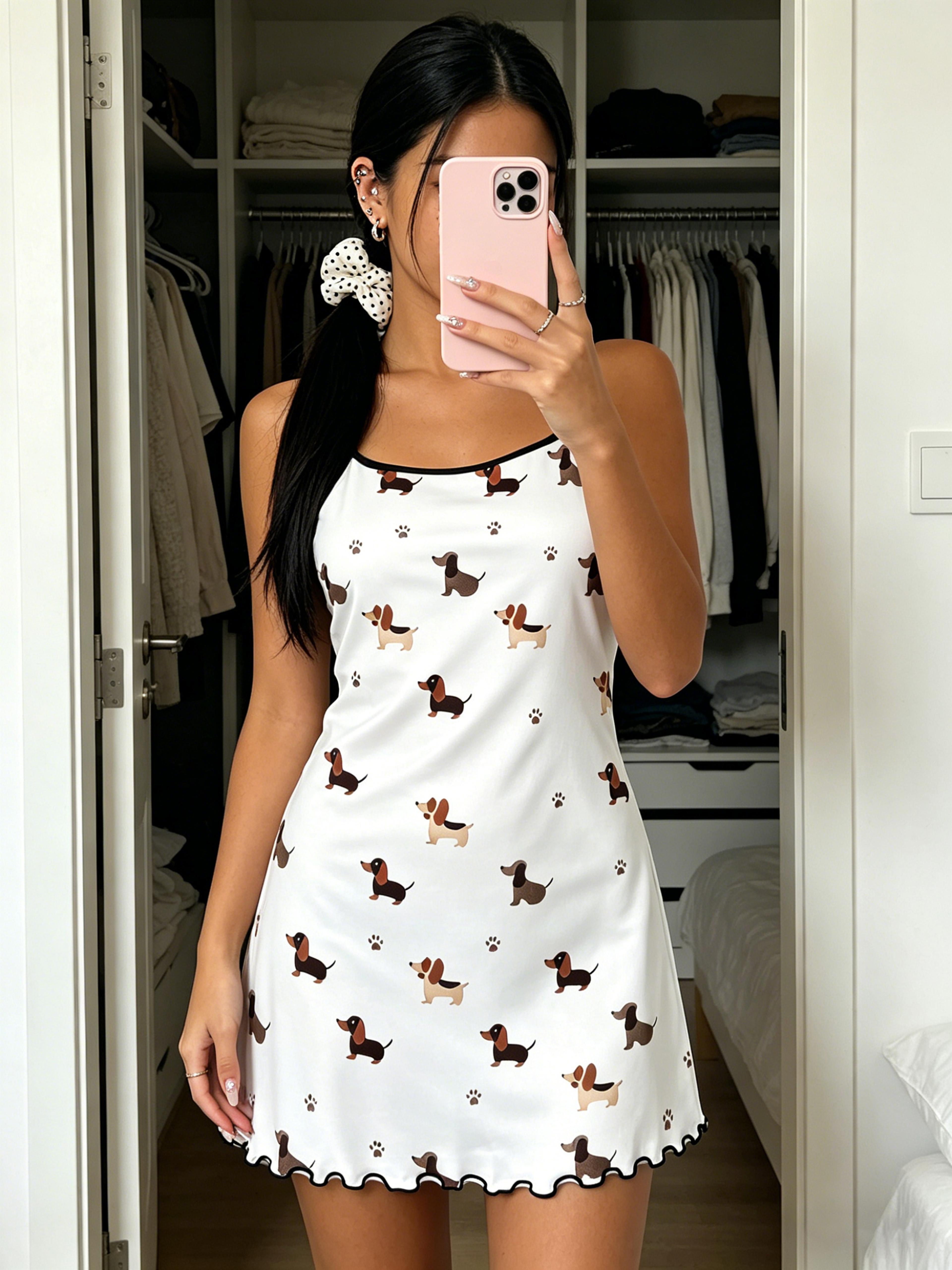 Cozy Dachshund Print Summer Nightdress With Ruffle Trim 4