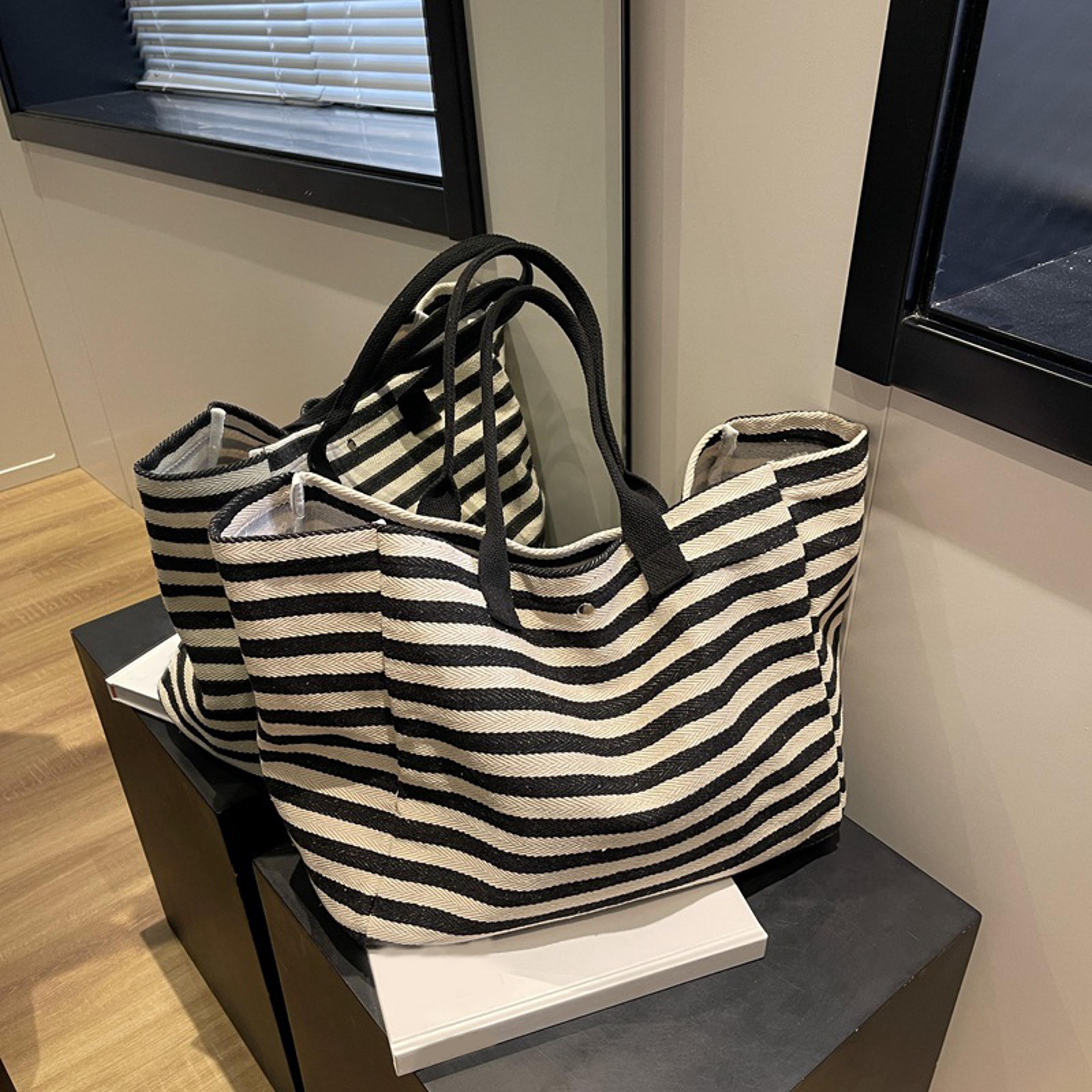 everyday carry striped canvas shoulder bag and large capacity shopping tote