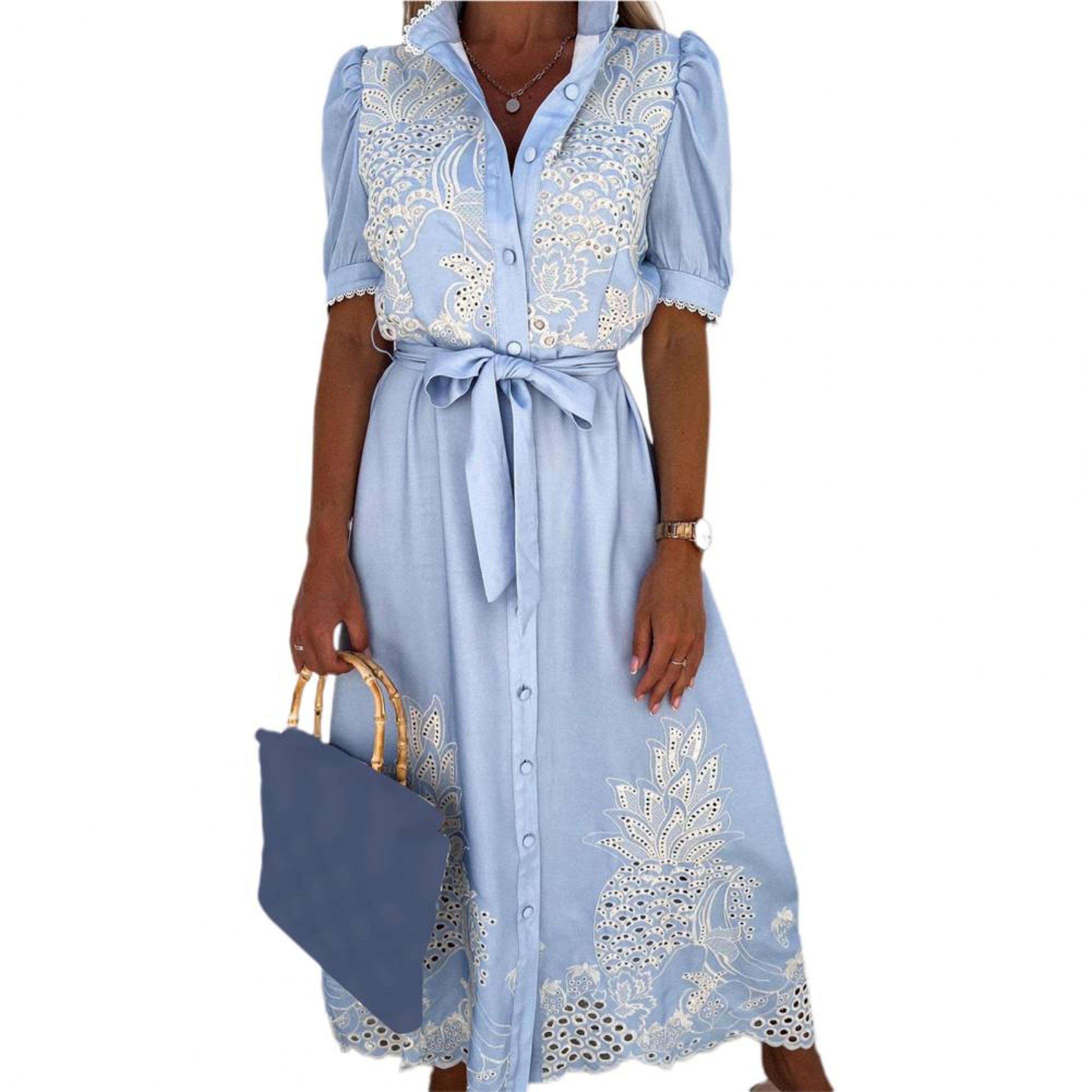 Elegant Summer Shirt Dress LaceUp Puff Sleeve Bohemian Maxi 4