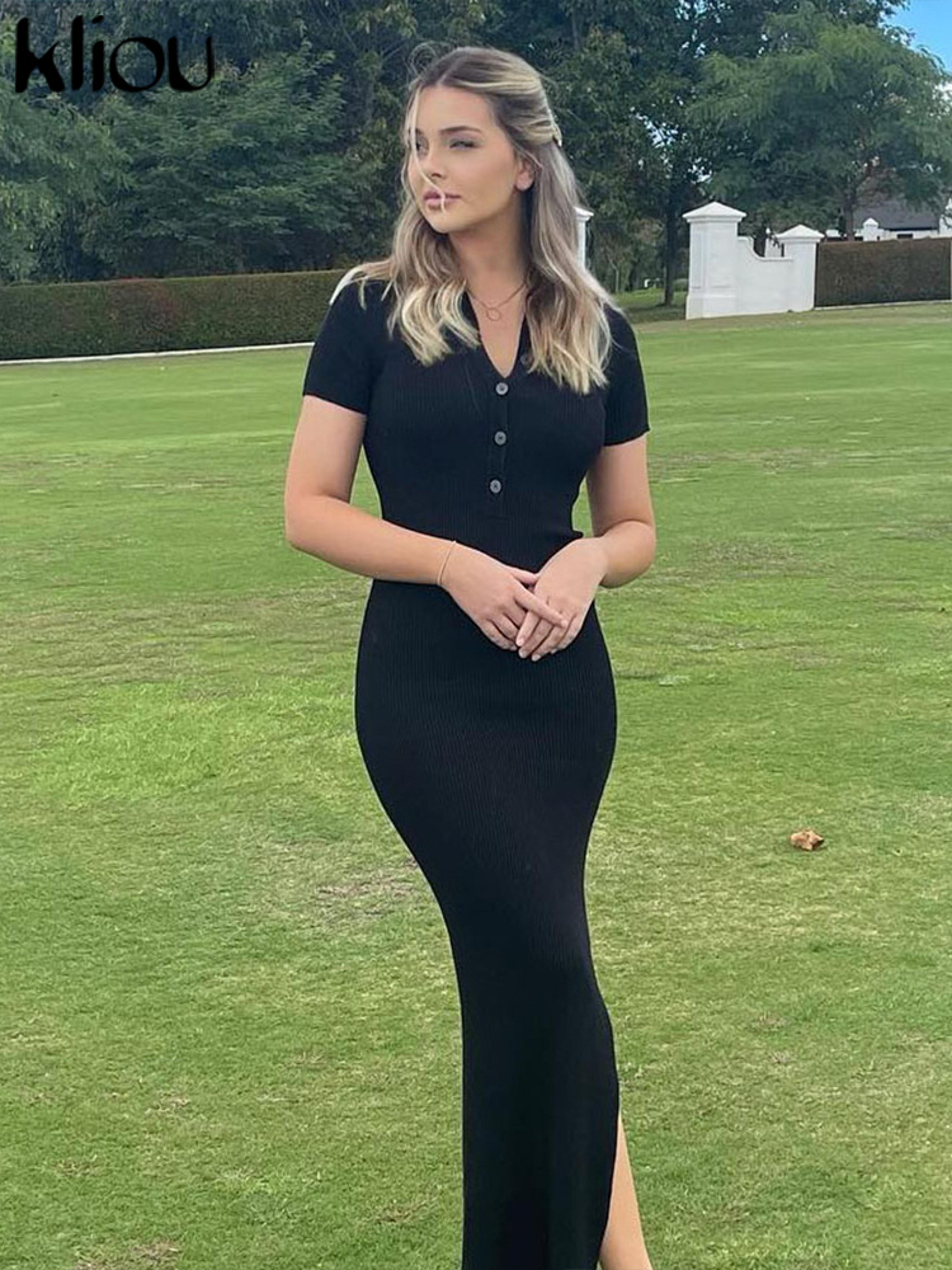 Kliou Button Side Slit Maxi Dress With Turn Down Collar 1