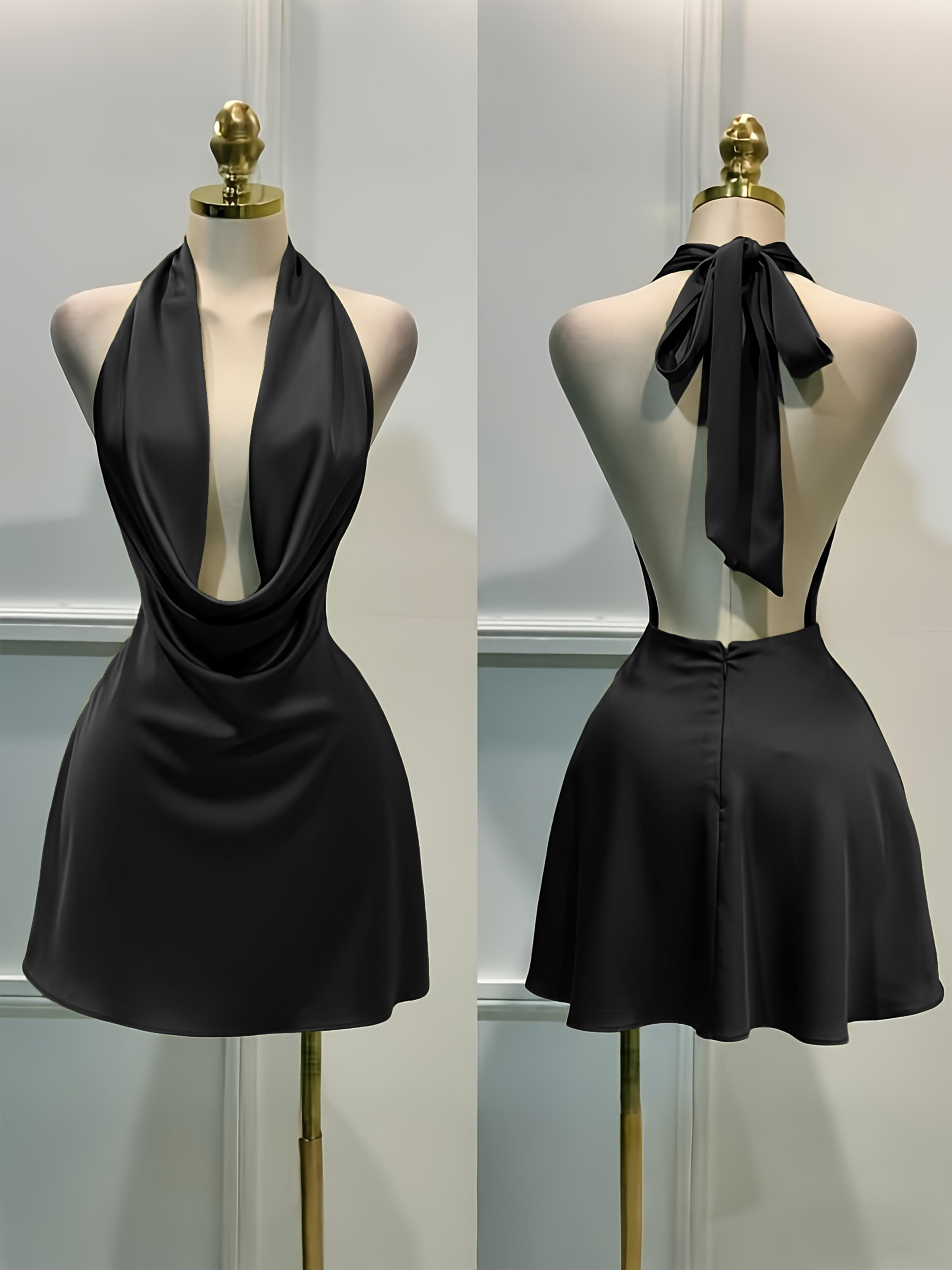Aura Luxe Women Elegant Satin Cocktail Dress Open Back Fitted Satin Midi Dress 5