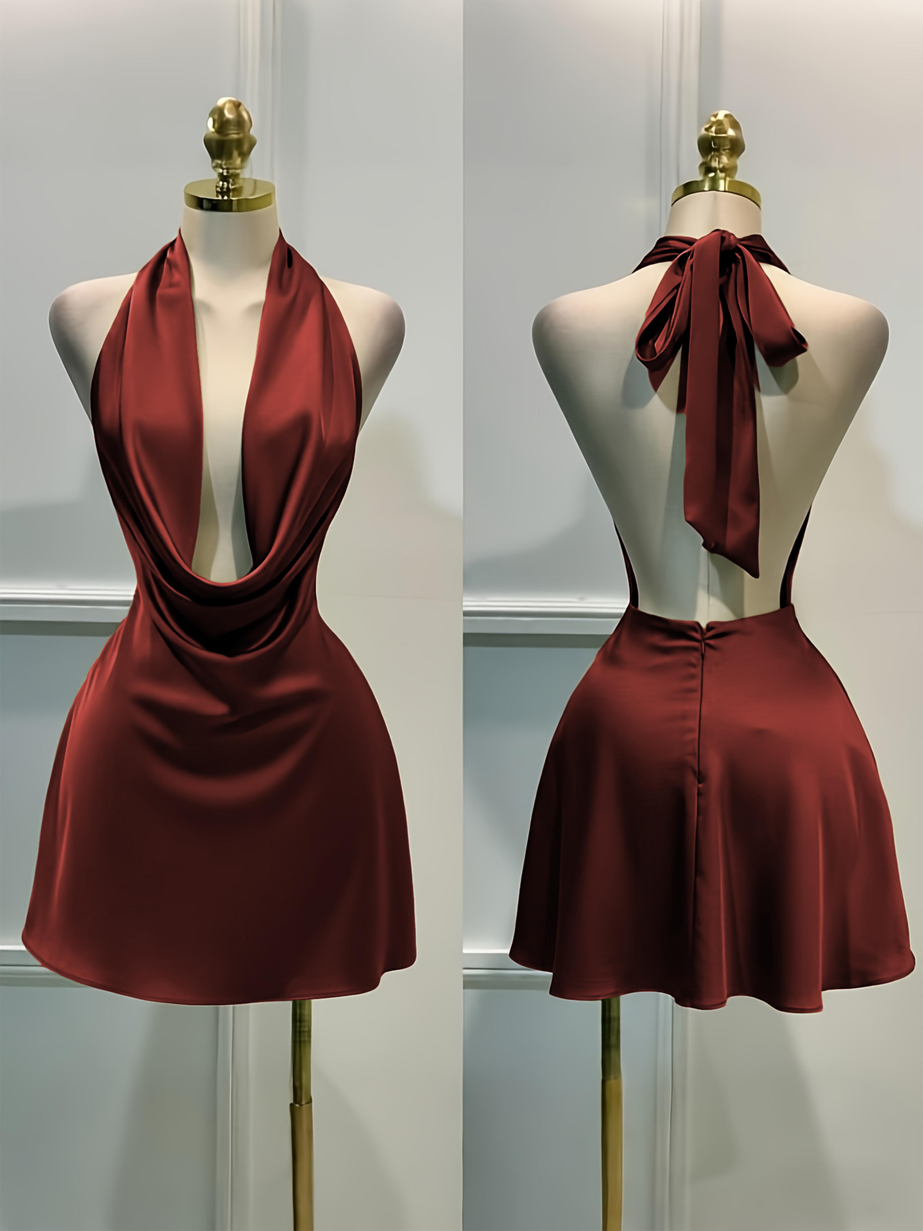 Aura Luxe Women Elegant Satin Cocktail Dress Open Back Fitted Satin Midi Dress 6