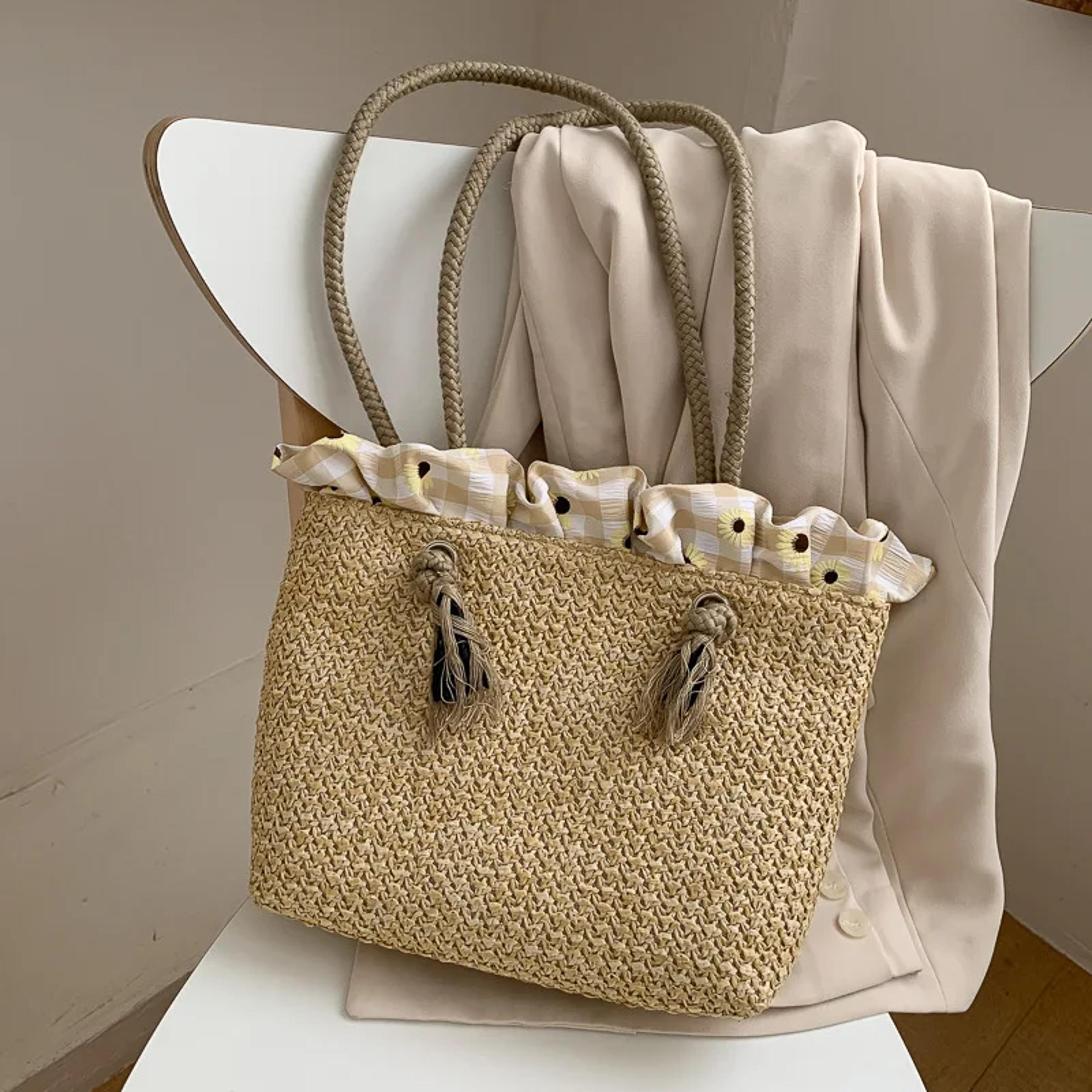 Korean Style Summer Handbag  Large Capacity Casual Beach Tote Bag  Women Straw Woven Shoulder Bag 5