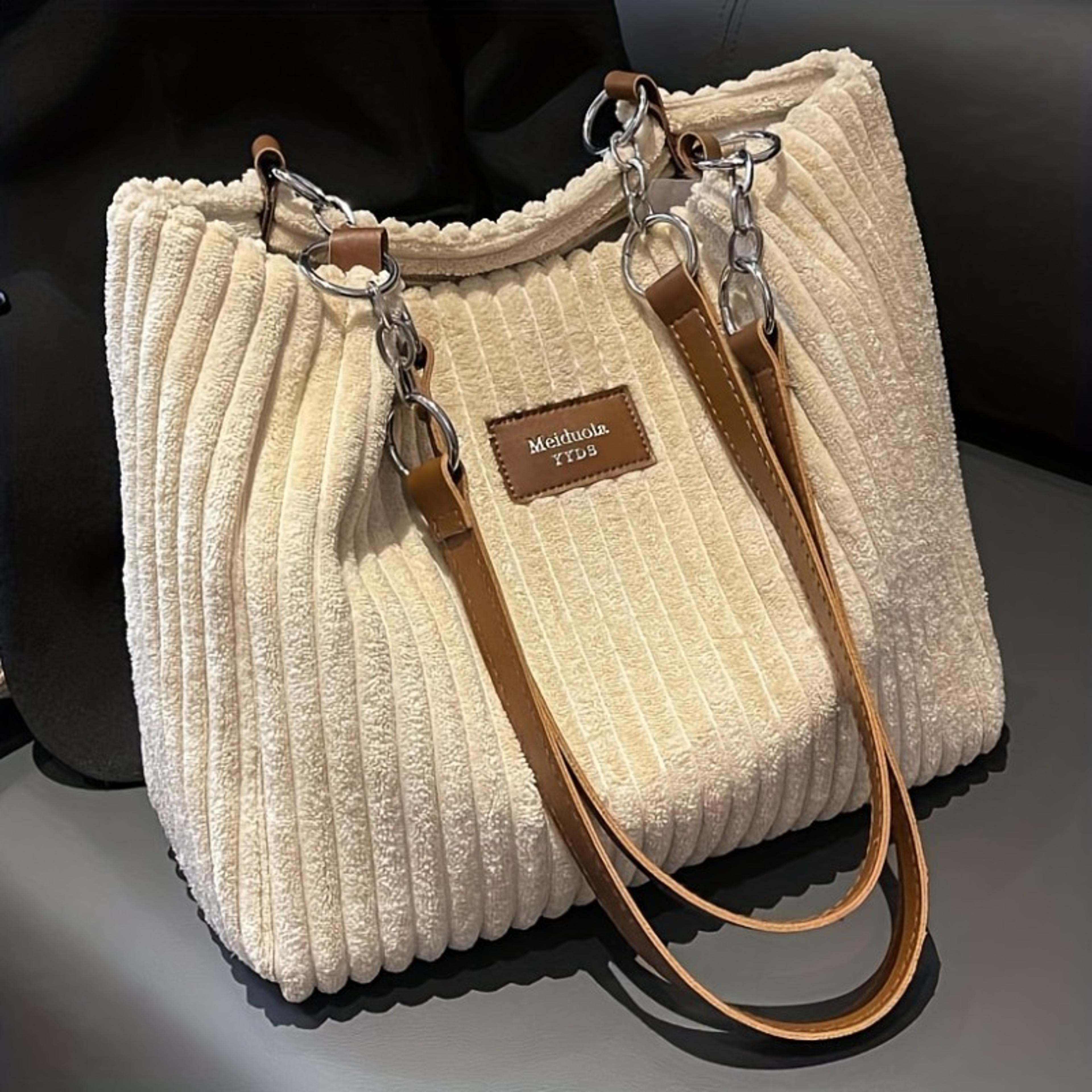 Chic Corduroy Tote Bag For Women  Spacious Work Handbag With Chain Accent 4