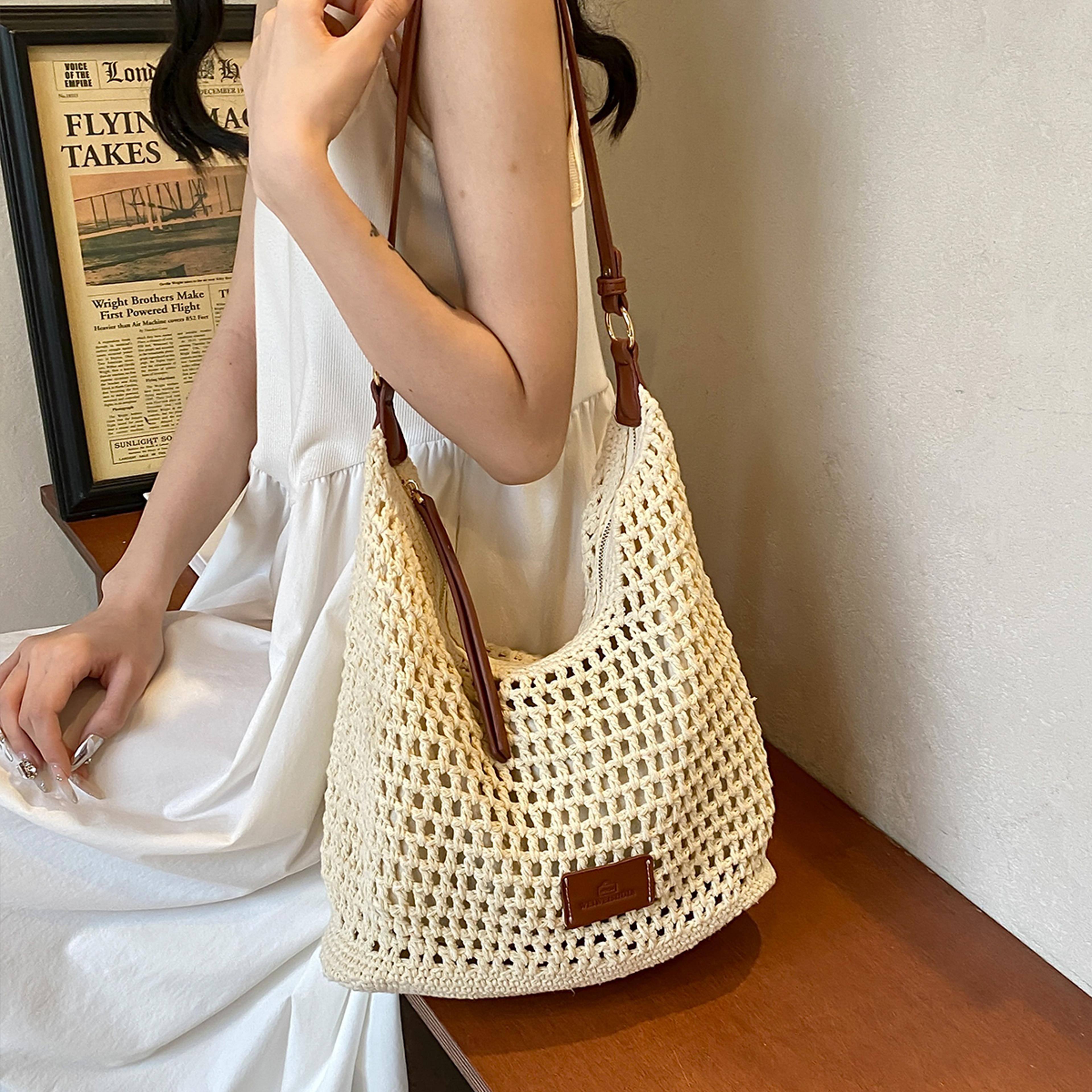 handmade summer straw tote bag - woven beach shoulder bag for women
