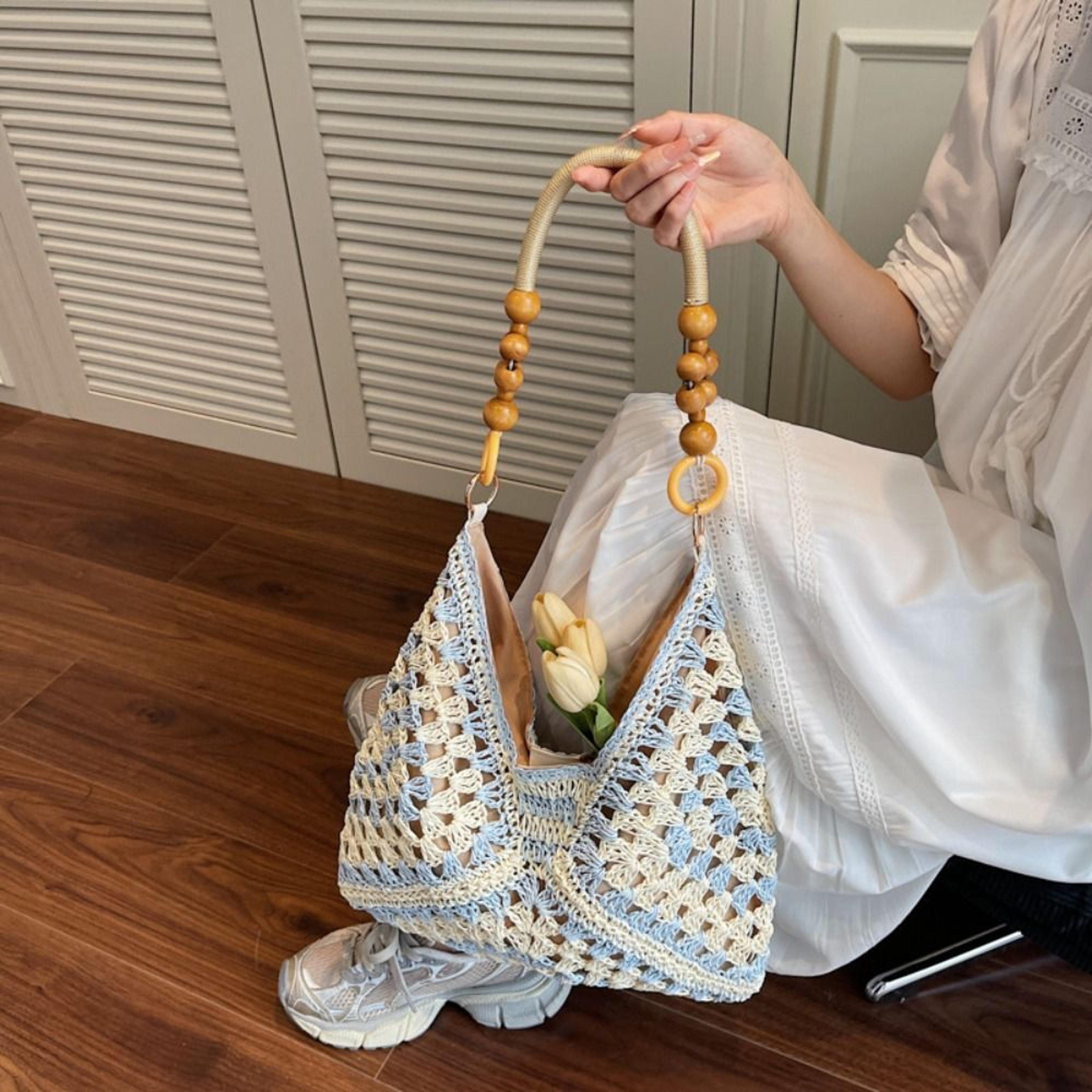 bohemian hollow out straw woven tote bag large capacity beach handbag