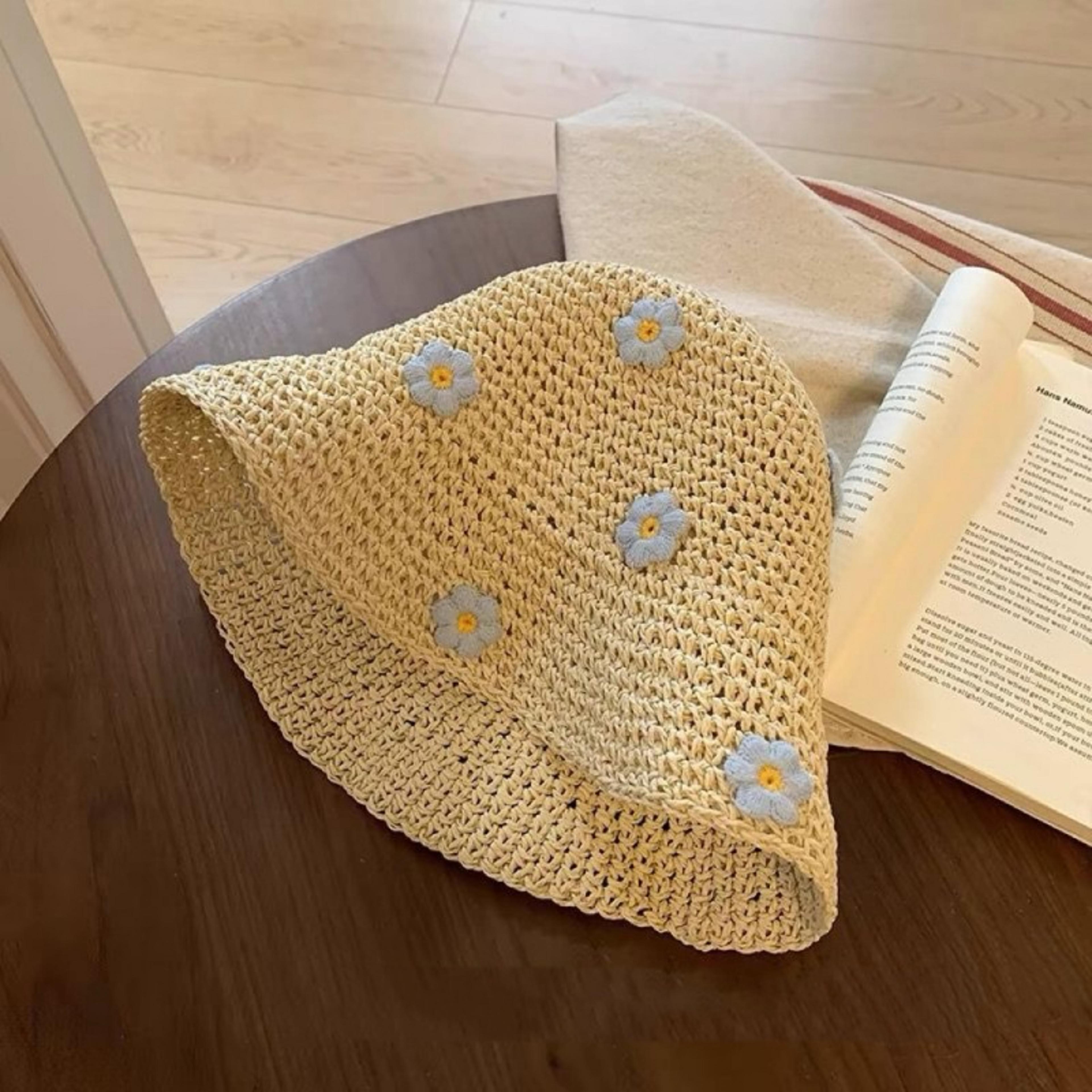 Boho Crochet Flower Straw Bucket Hat  Foldable UV Protection Summer Sun Cap 5