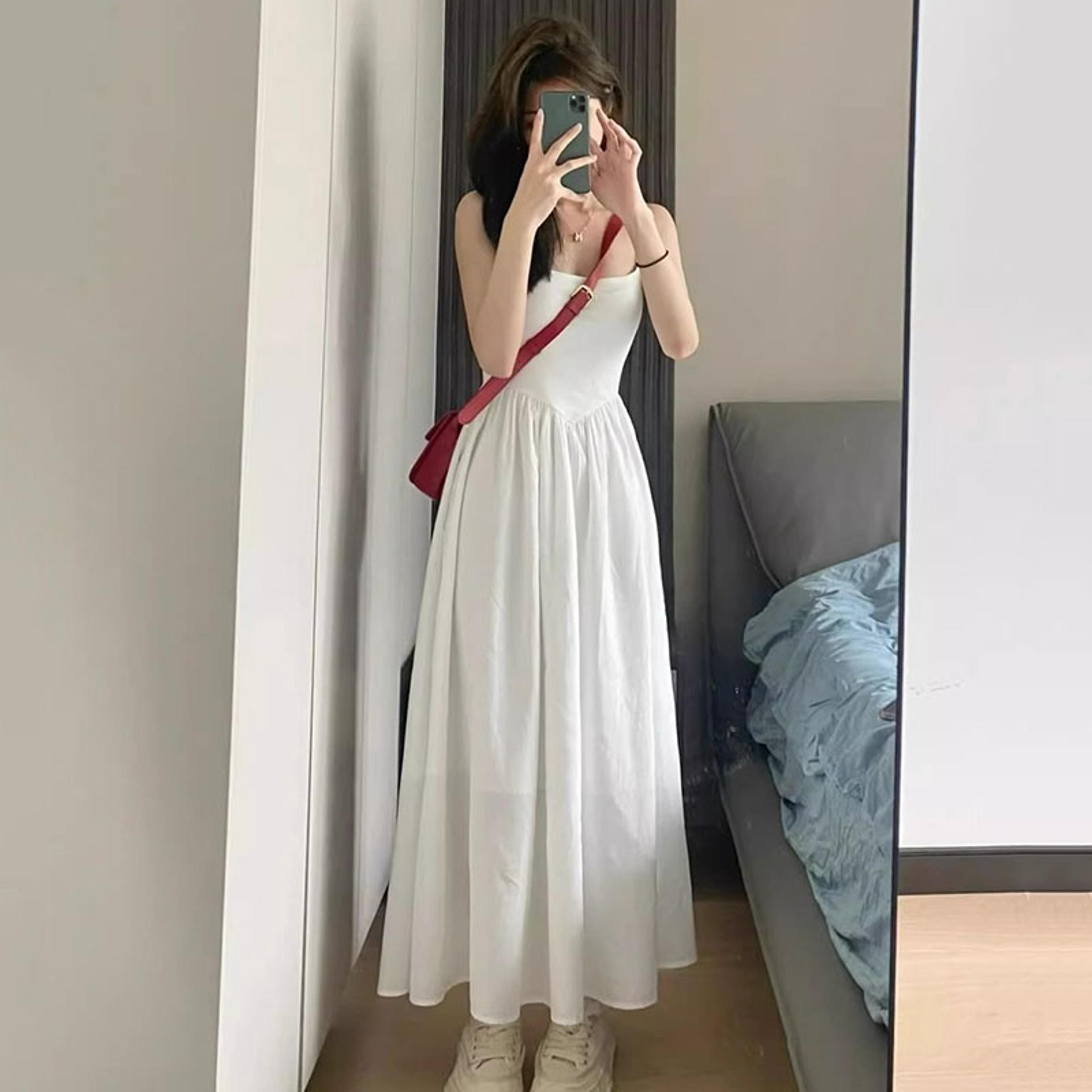 Elegant Patchwork A-line Dress Korean Fashion Spaghetti Strap Maxi Dress for Women