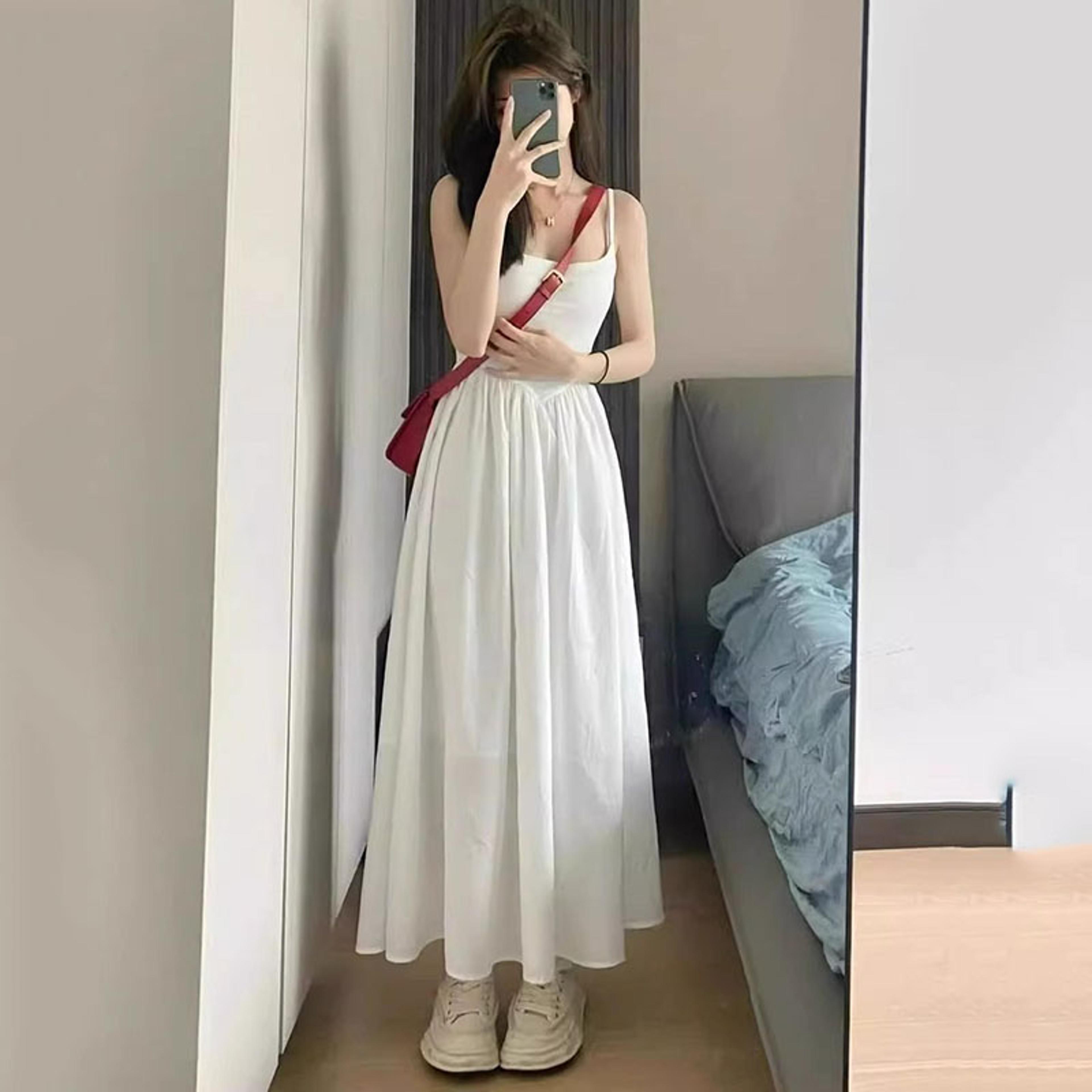 Elegant Patchwork Aline Dress Korean Fashion Spaghetti Strap Maxi Dress For Women 5