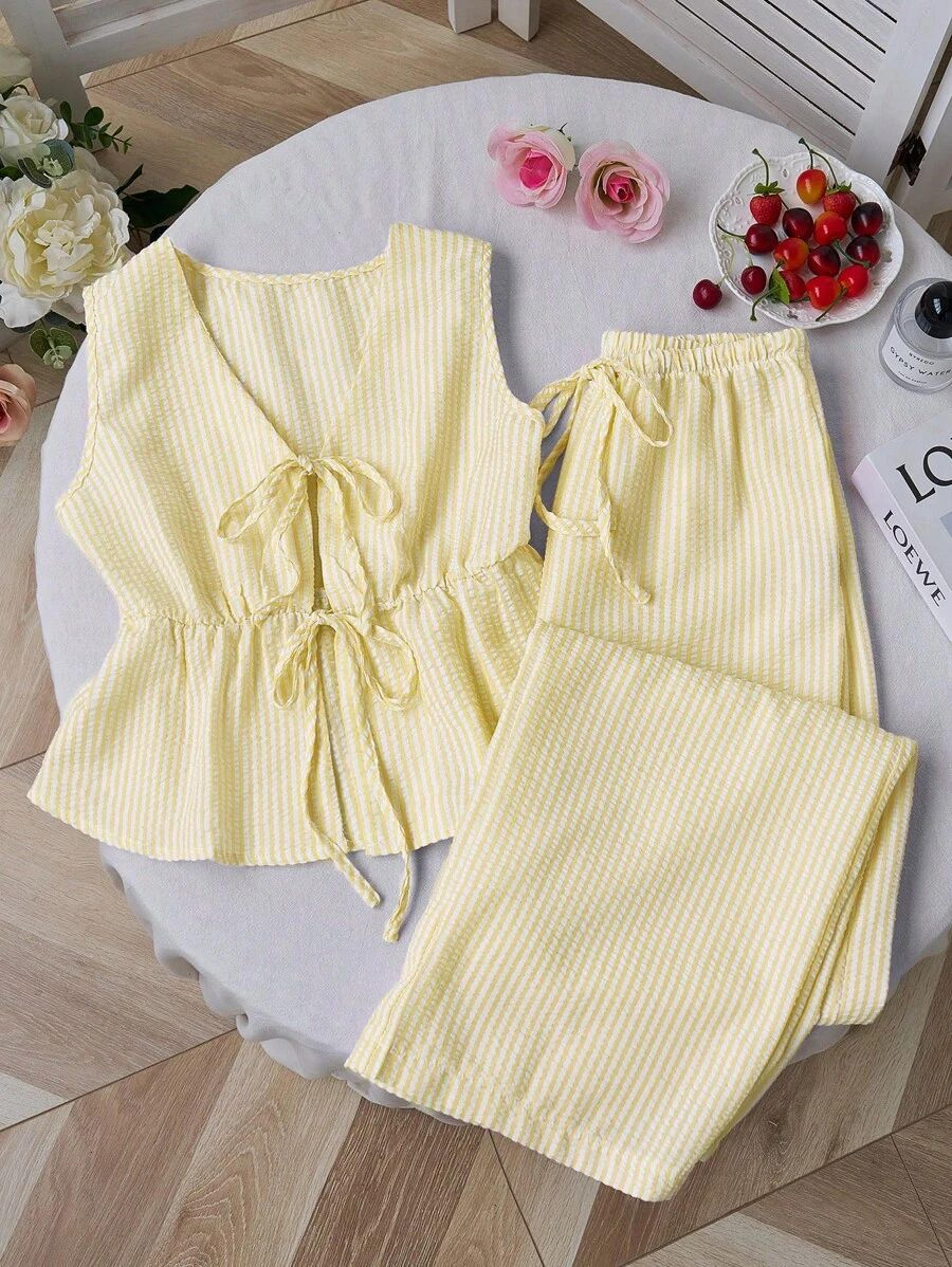 elysian summer women's striped linen two piece set wide leg pants suit