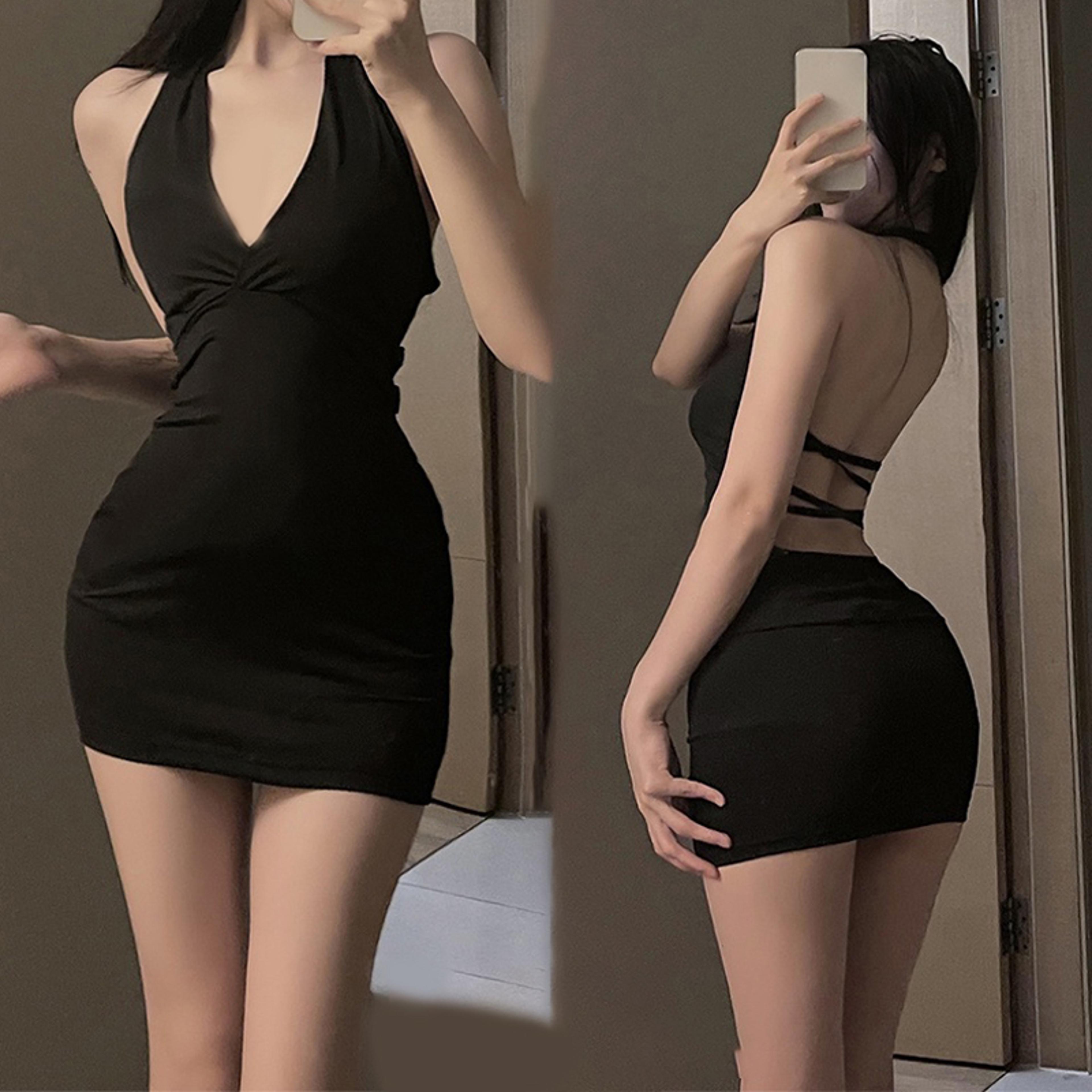 Seductive V Neck Backless Mini Dress  Slim Fit Erotic Party Uniform 0