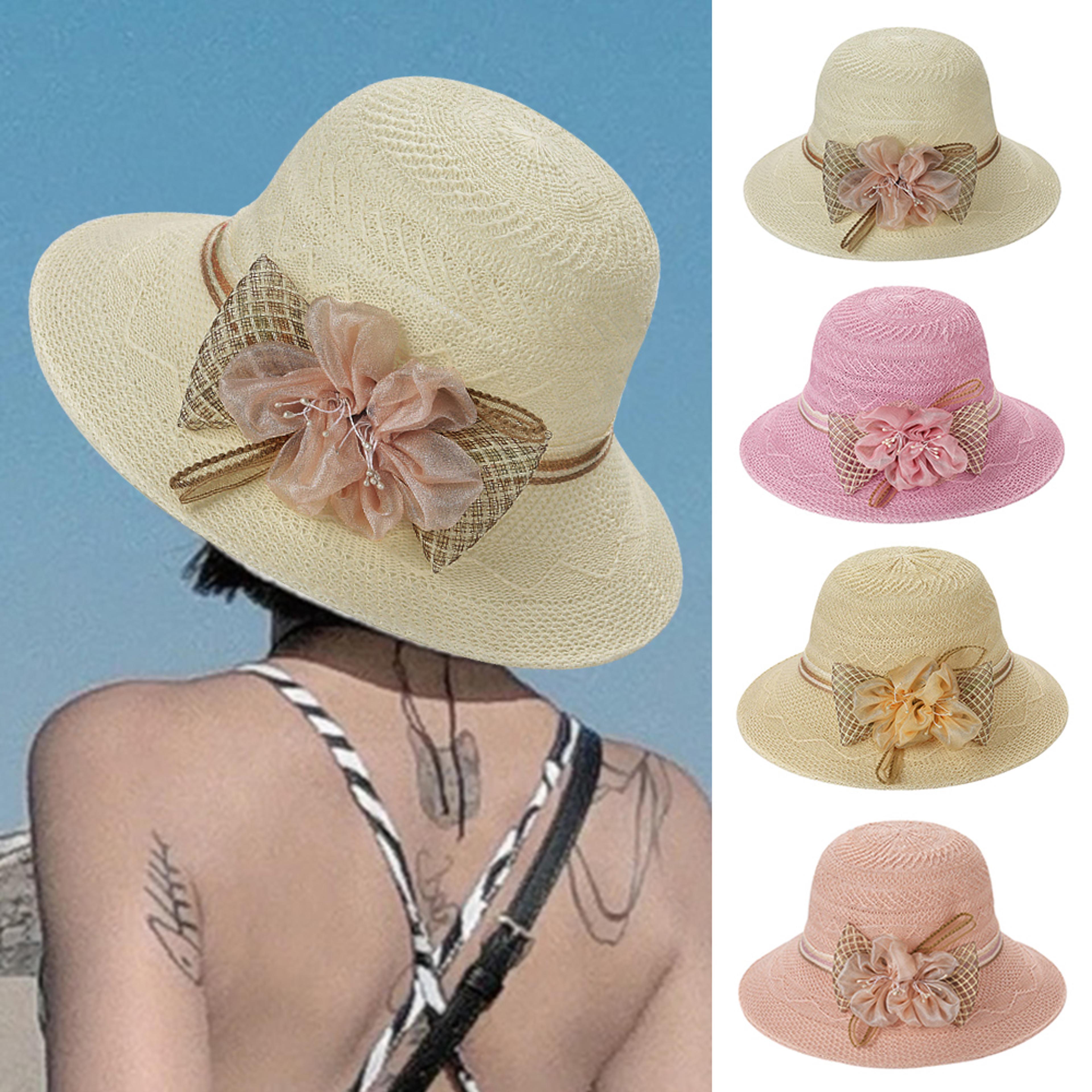 elegant women's wide brim sun hat foldable straw beach hat with floral bow