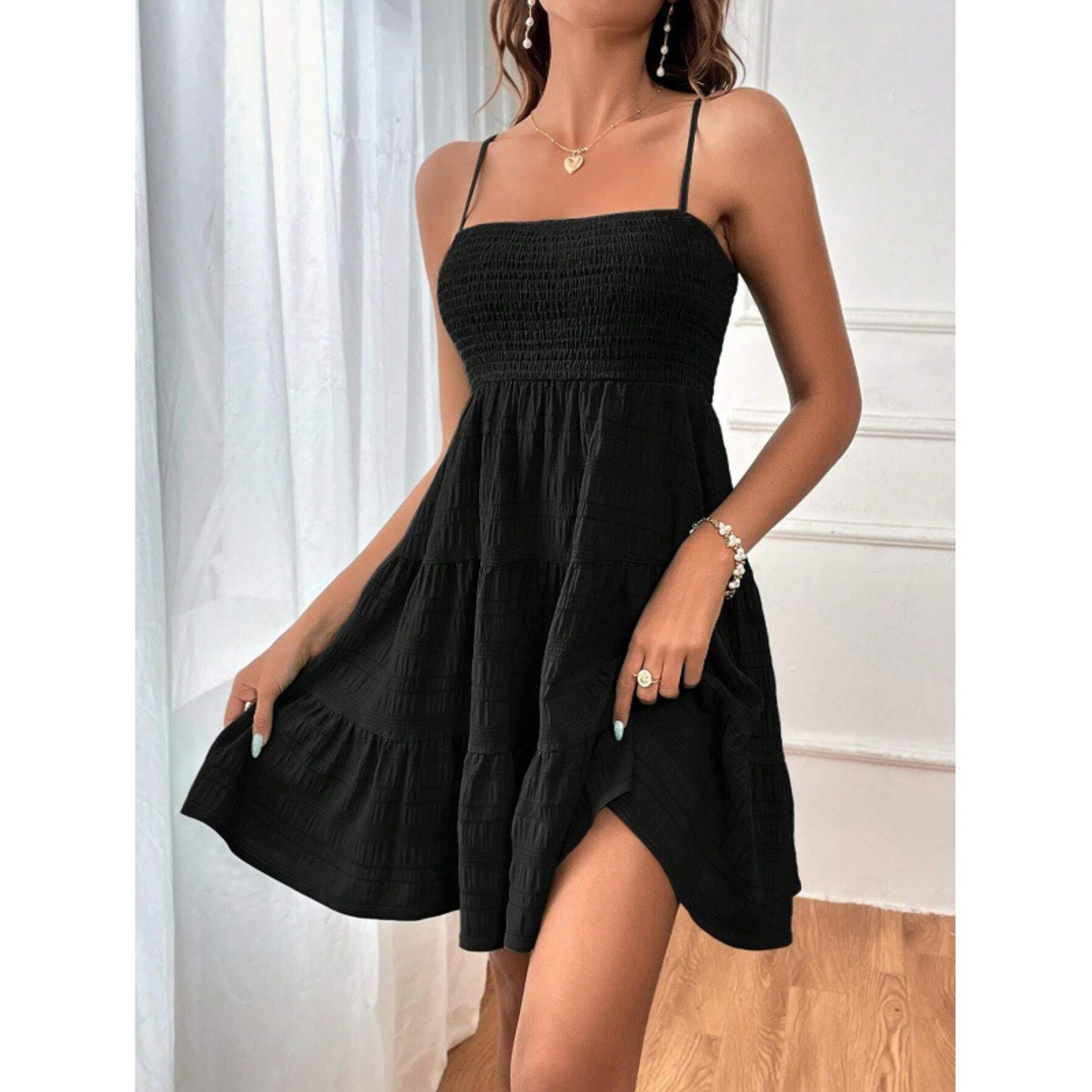Smocked Bustier Blue Ruffled Tiered Swing Dress  Summer Casual Vacation Beach Mini Sundress 10