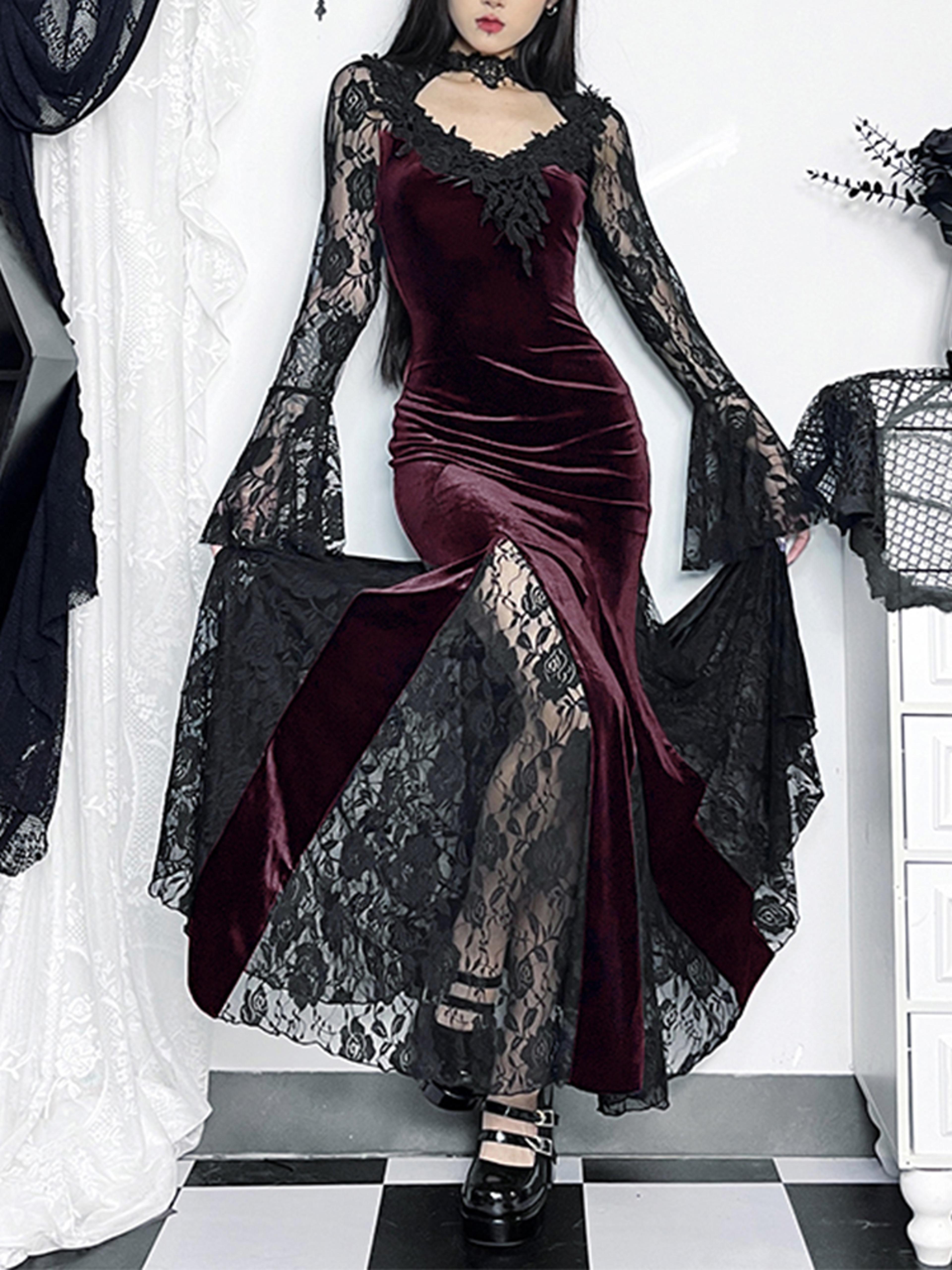 AltGoth Vintage Lace Patchwork Gothic Midi Dress 4