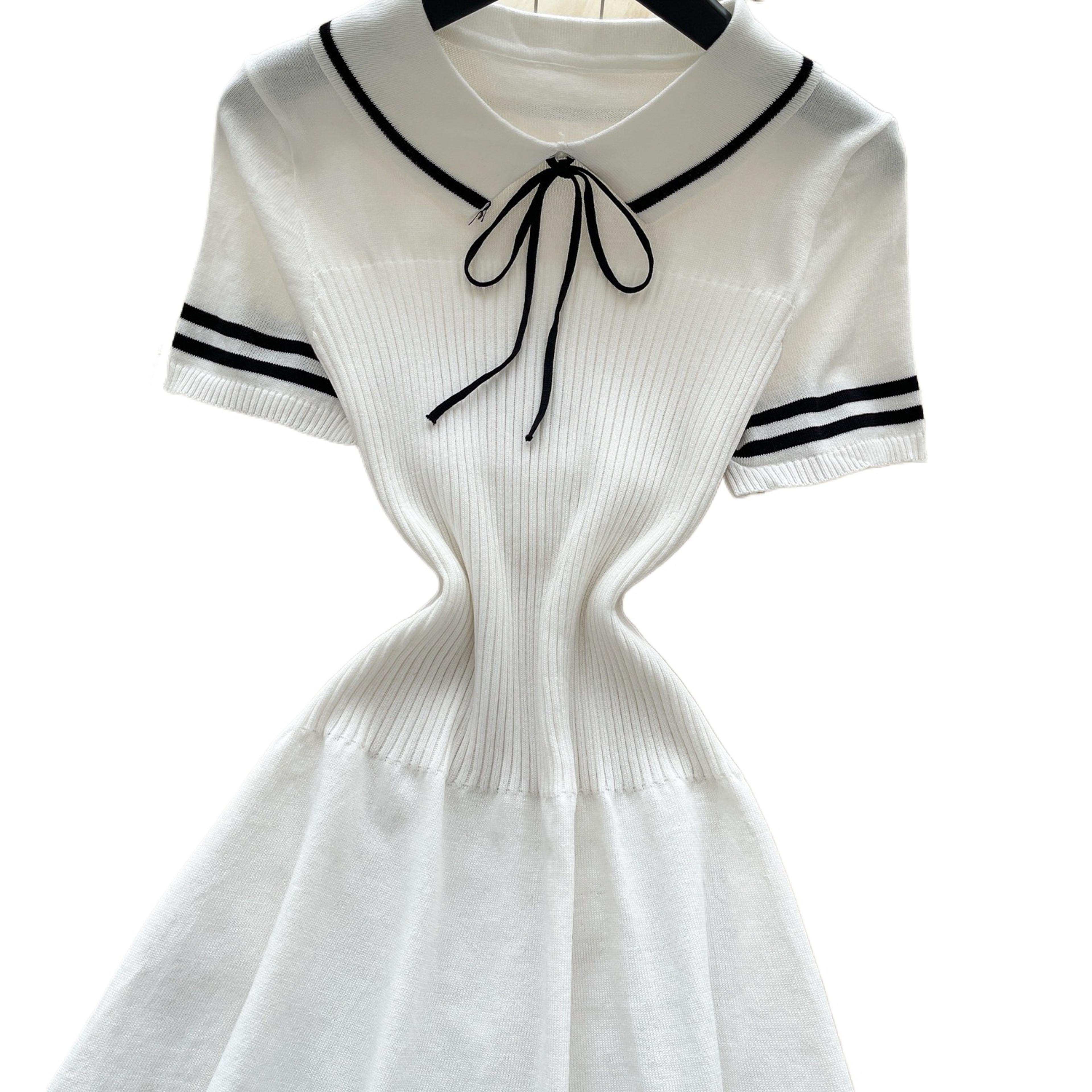 Aline Peter Pan Collar Mini Dress  Sweet White Ribbon Ribbed Knit Casual Party Sundress 1