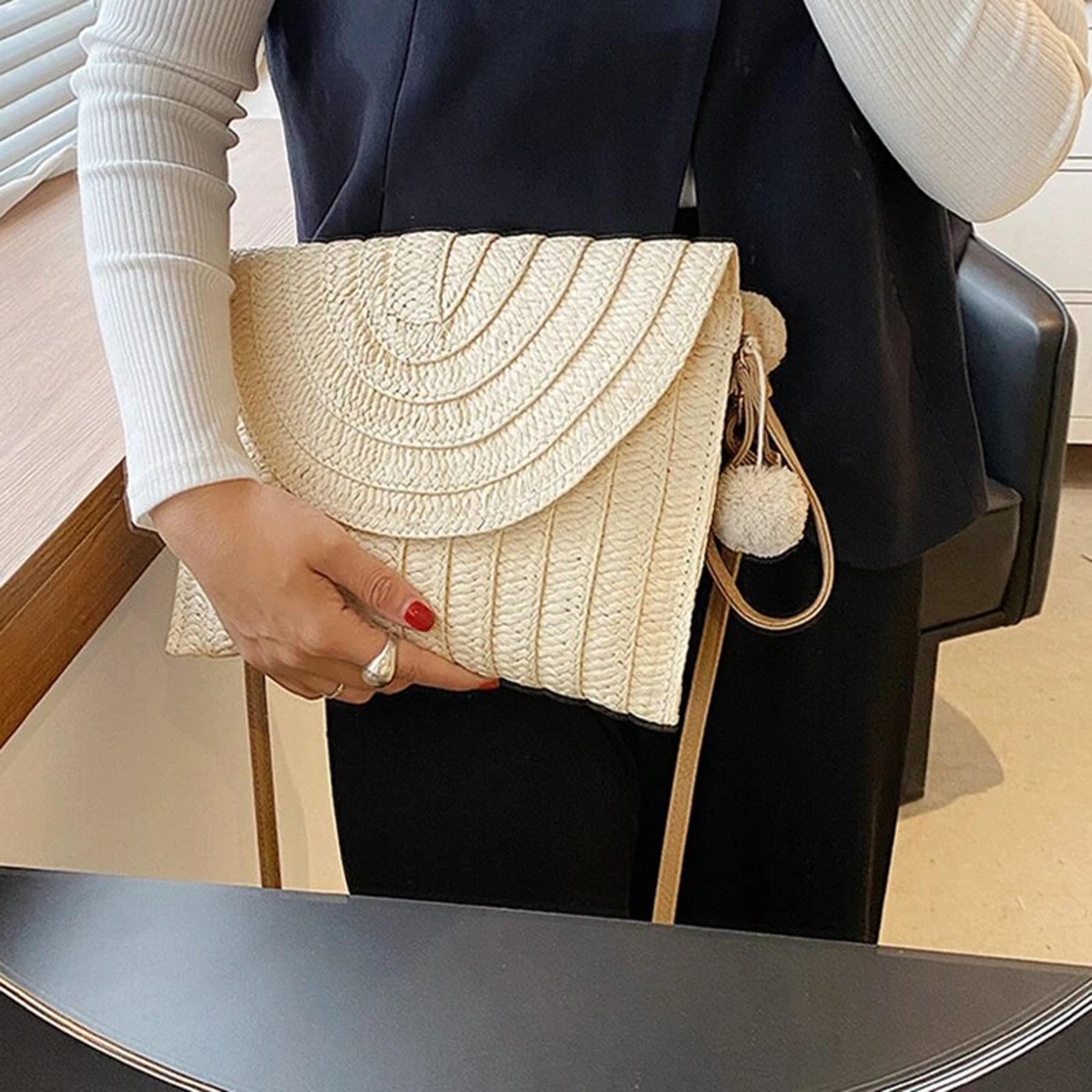 Handmade Straw Envelope Crossbody Bag With Pom Poms 2