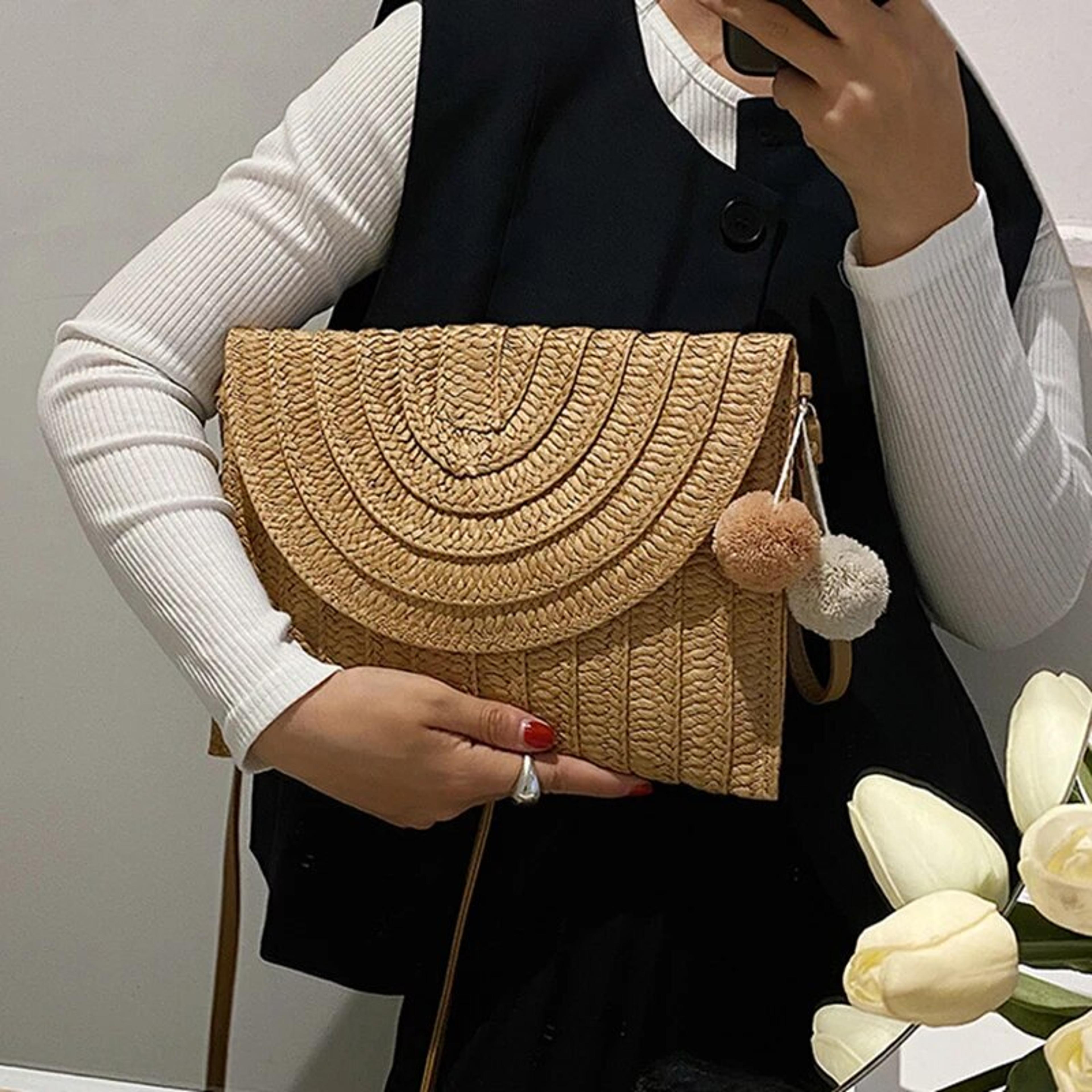 Handmade Straw Envelope Crossbody Bag With Pom Poms 3