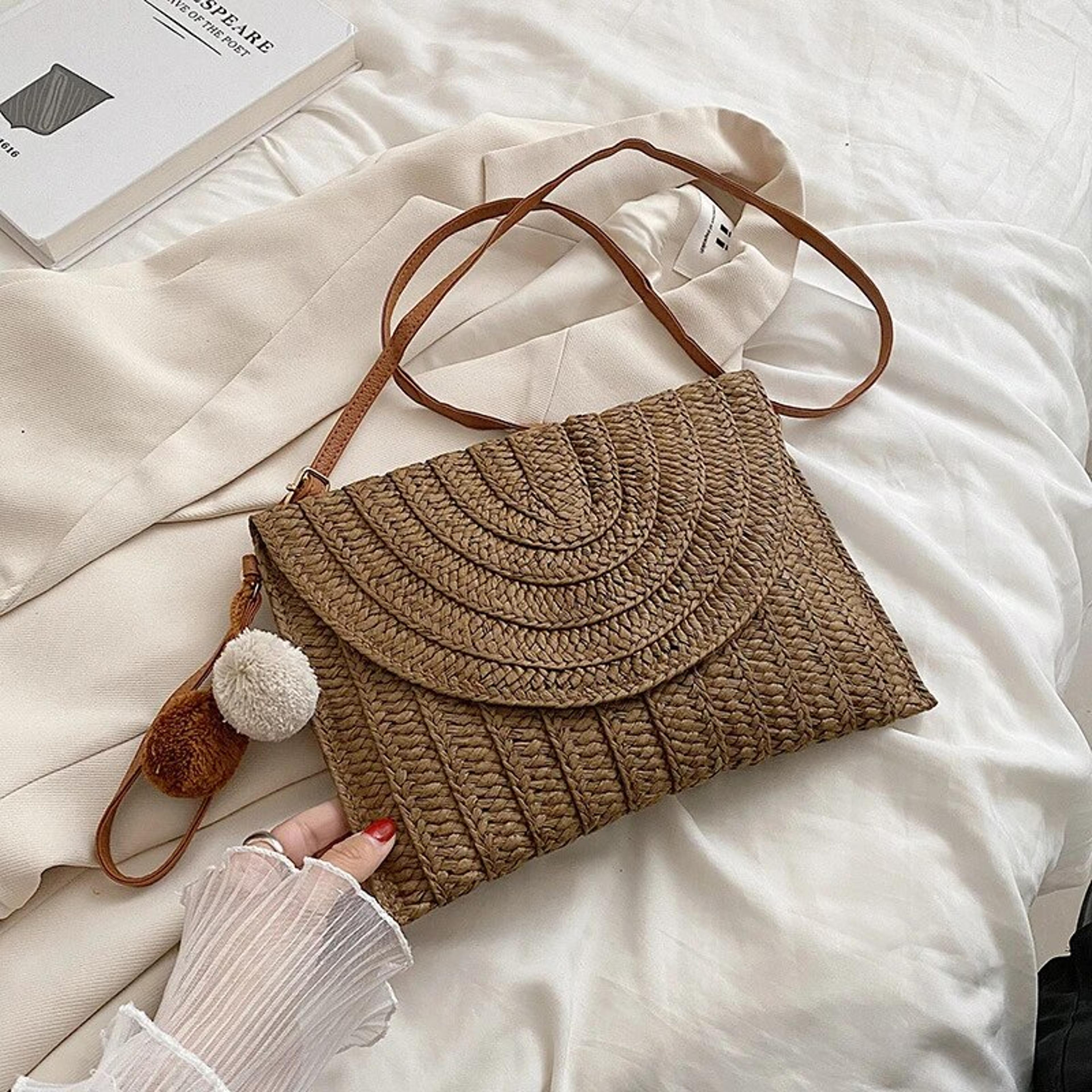 Handmade Straw Envelope Crossbody Bag With Pom Poms 5