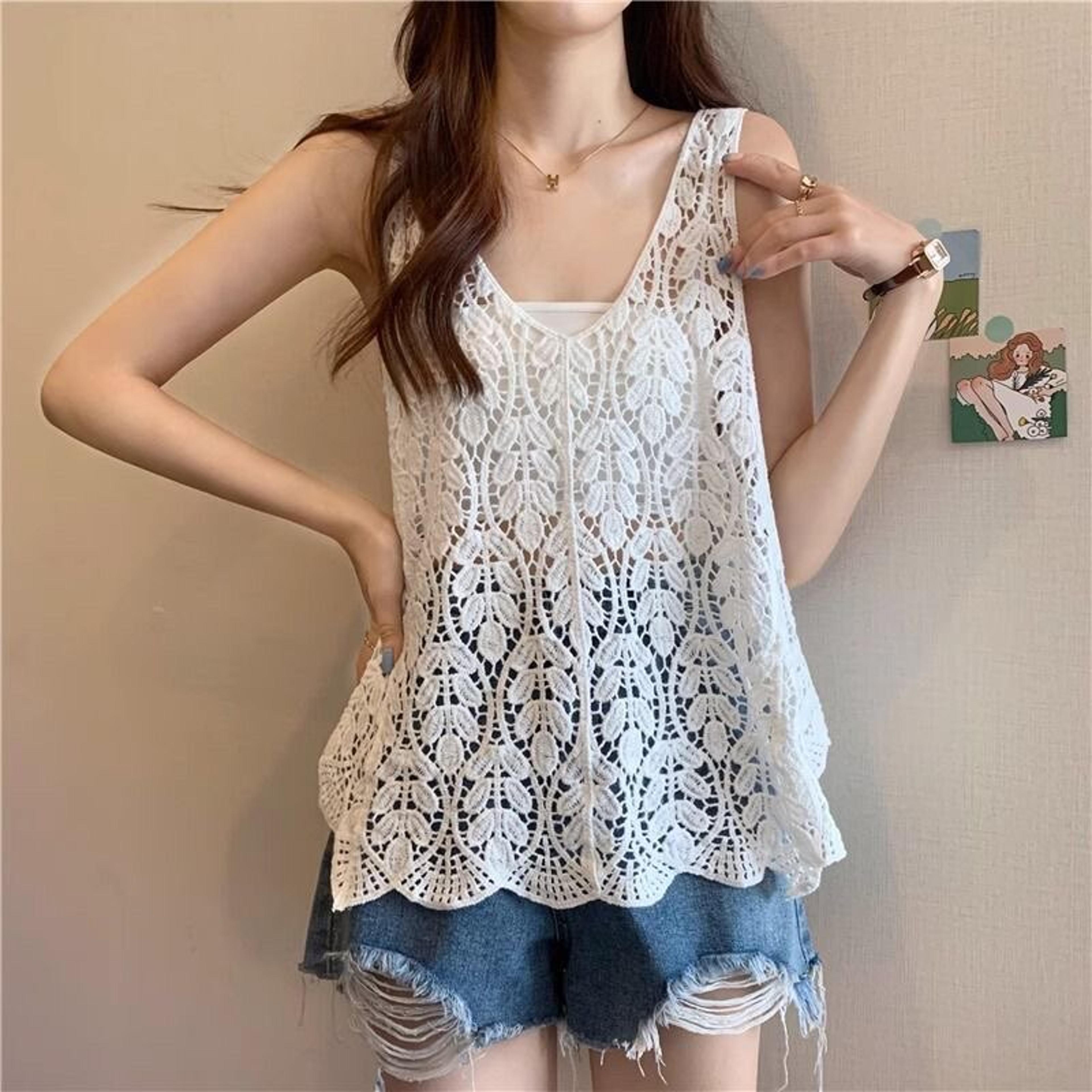 Bohemian Crochet Lace Tank Top  Leaf Embroidery Summer Knit Cover Up 1