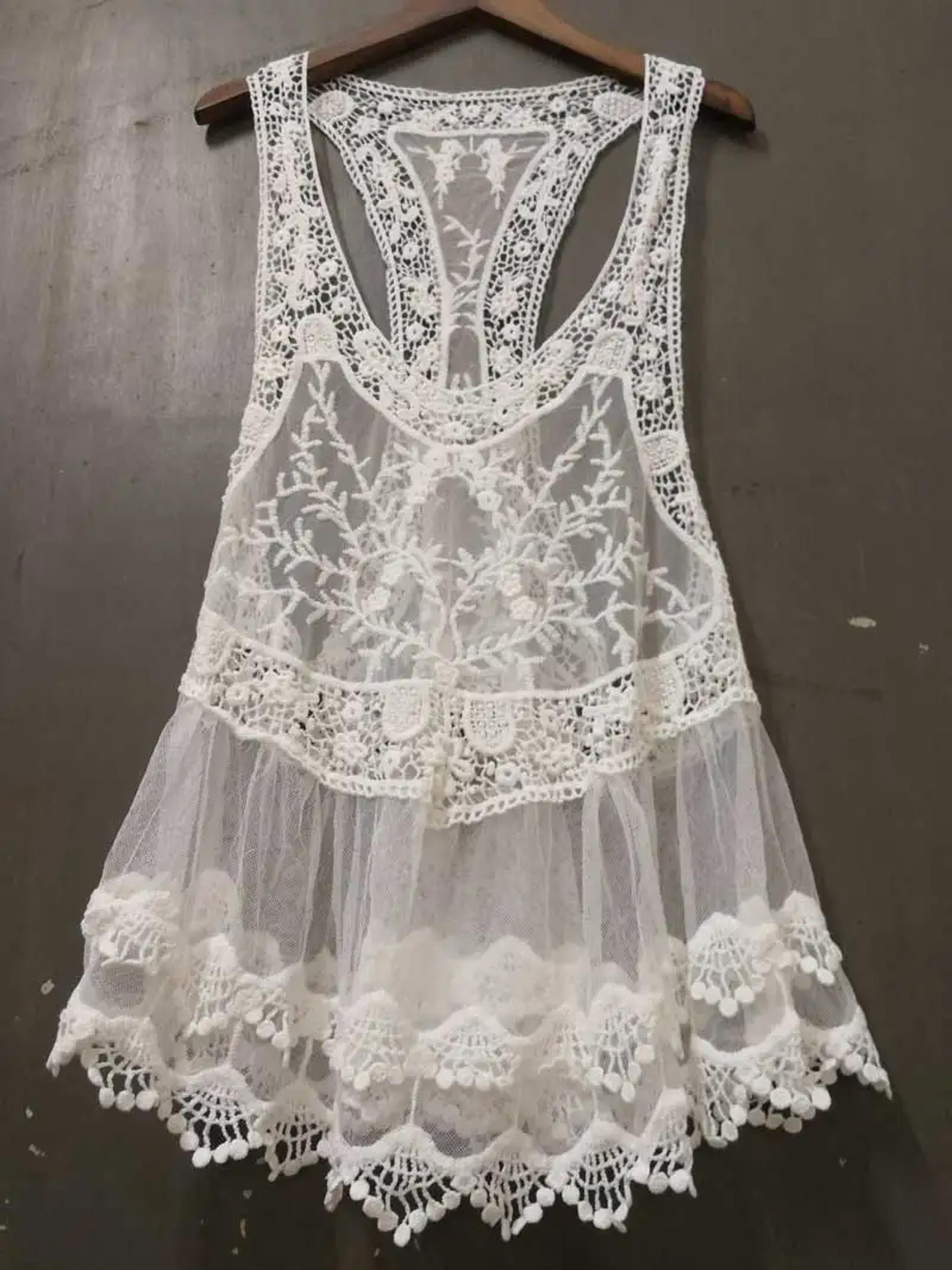 Boho Crochet Lace Racerback Tank Top  Breathable Summer Beach Swim Cover Up 4