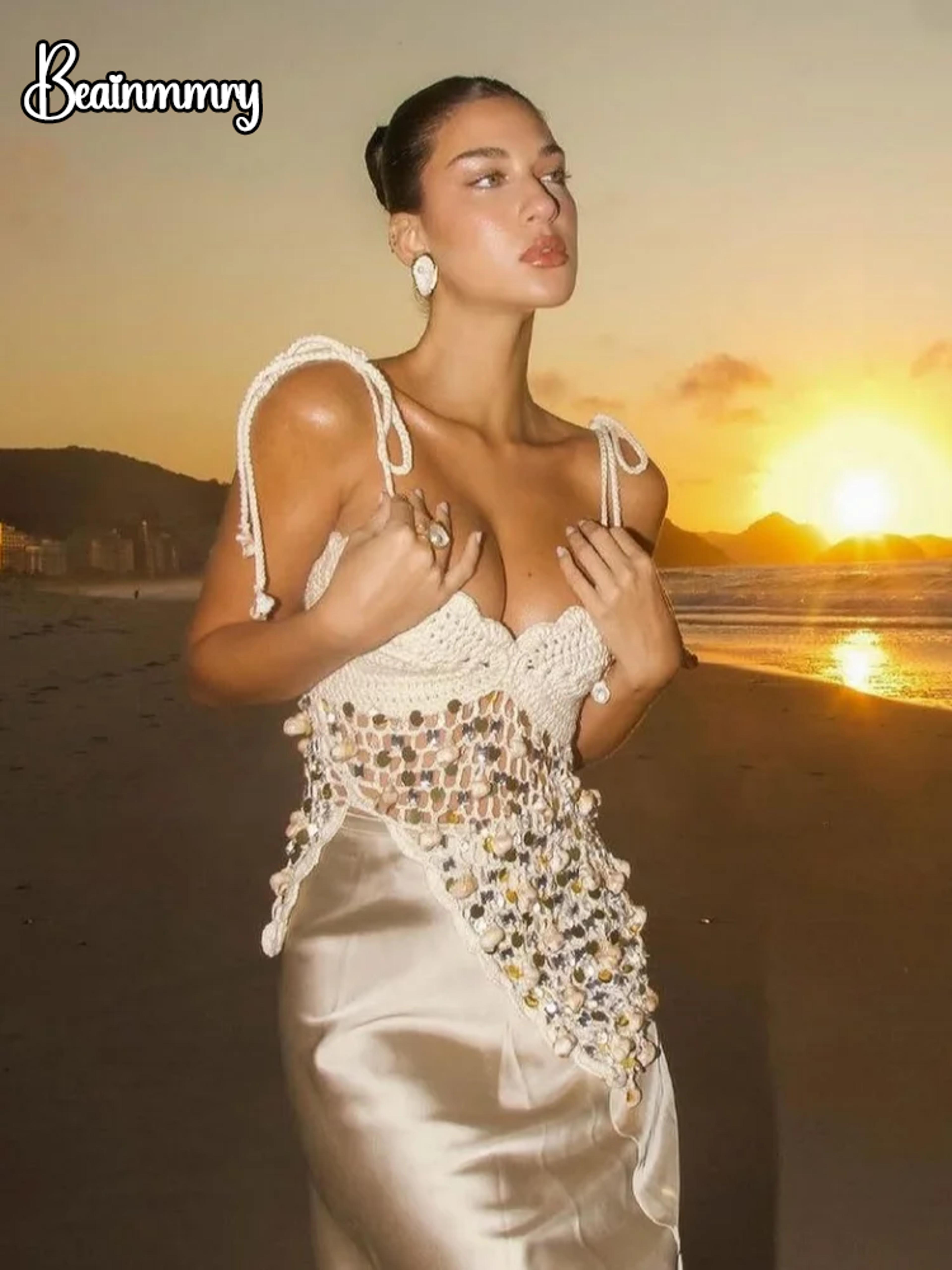 white crochet sequin top for women scalloped v neck summer beach party blouse