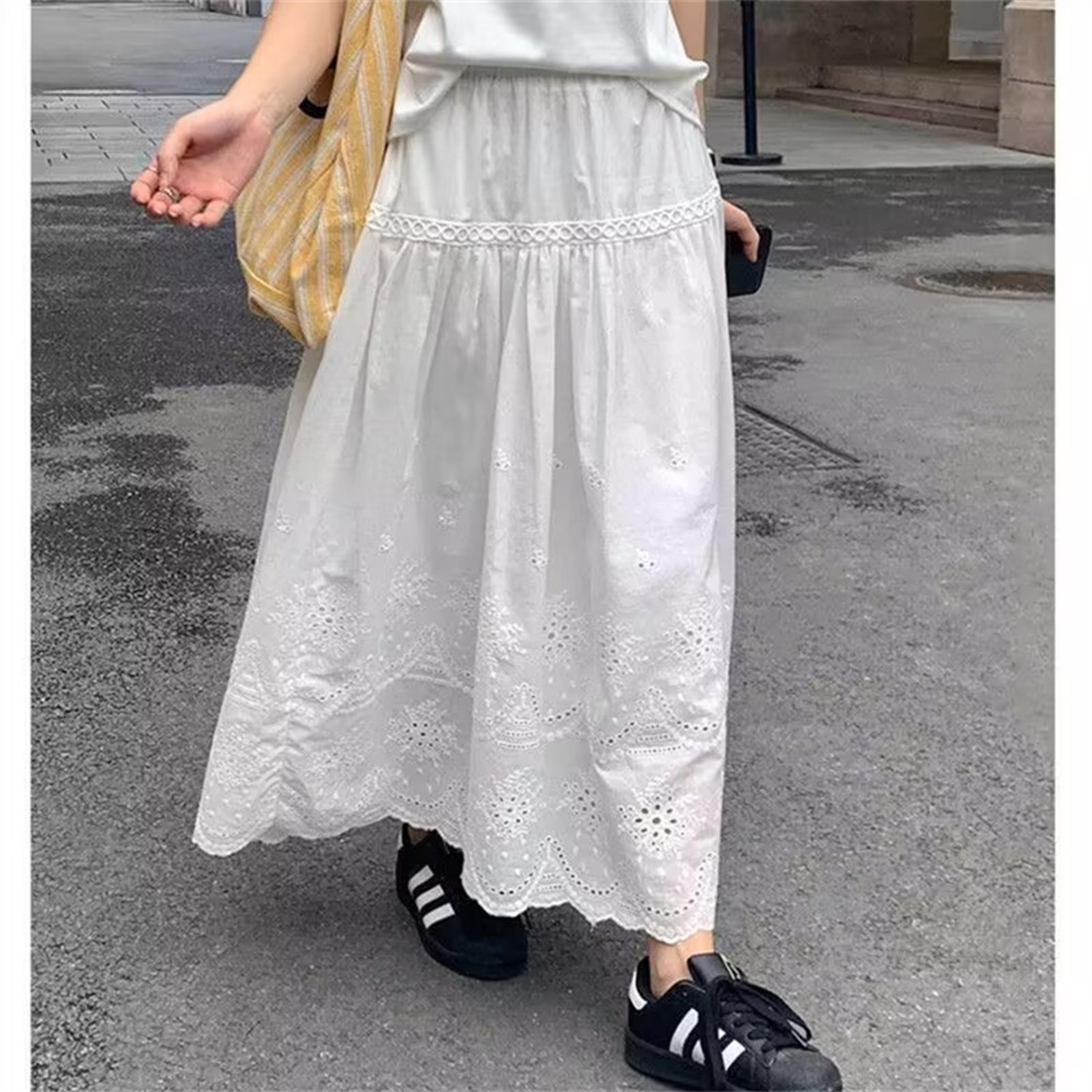 Boho Cotton Crochet Maxi Skirt  Elegant Lace Embroidery A Line Summer Skirt 3