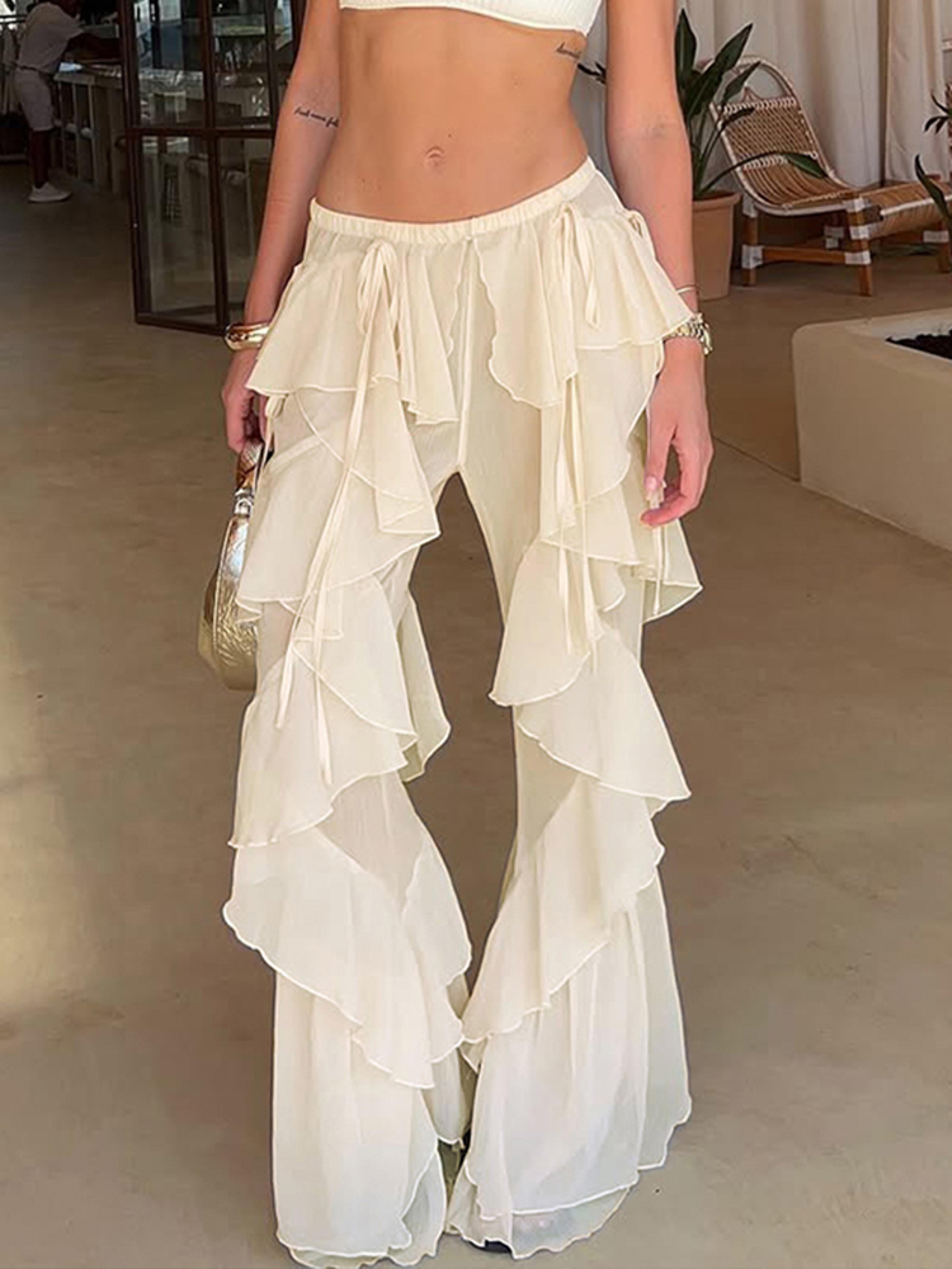 Weird Puss Sheer Flare Pants  Irregular Tiered Patchwork Mesh Festival Trousers 5