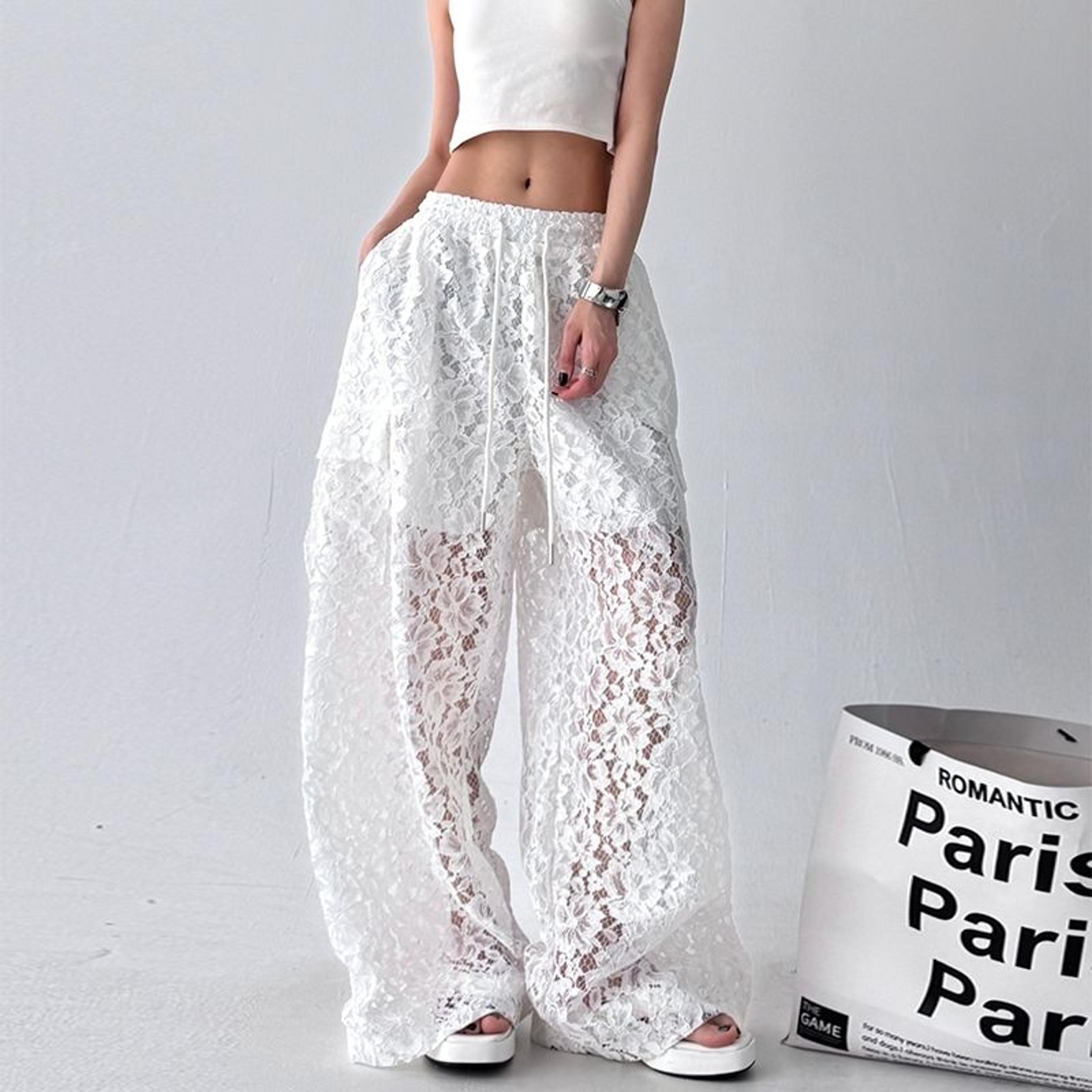 Vintage Lace Cargo Pants Women Wide Leg Streetwear Trousers 2