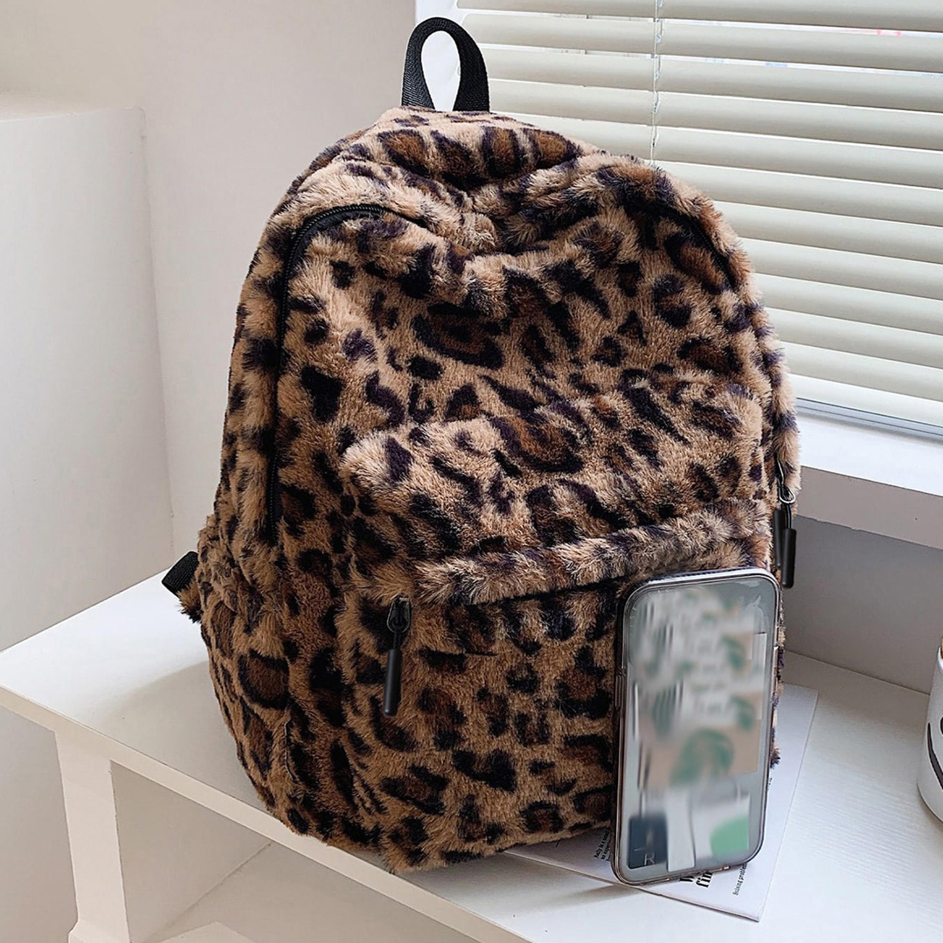 Leopard Print Plush Backpack Purse With Adjustable Straps 0