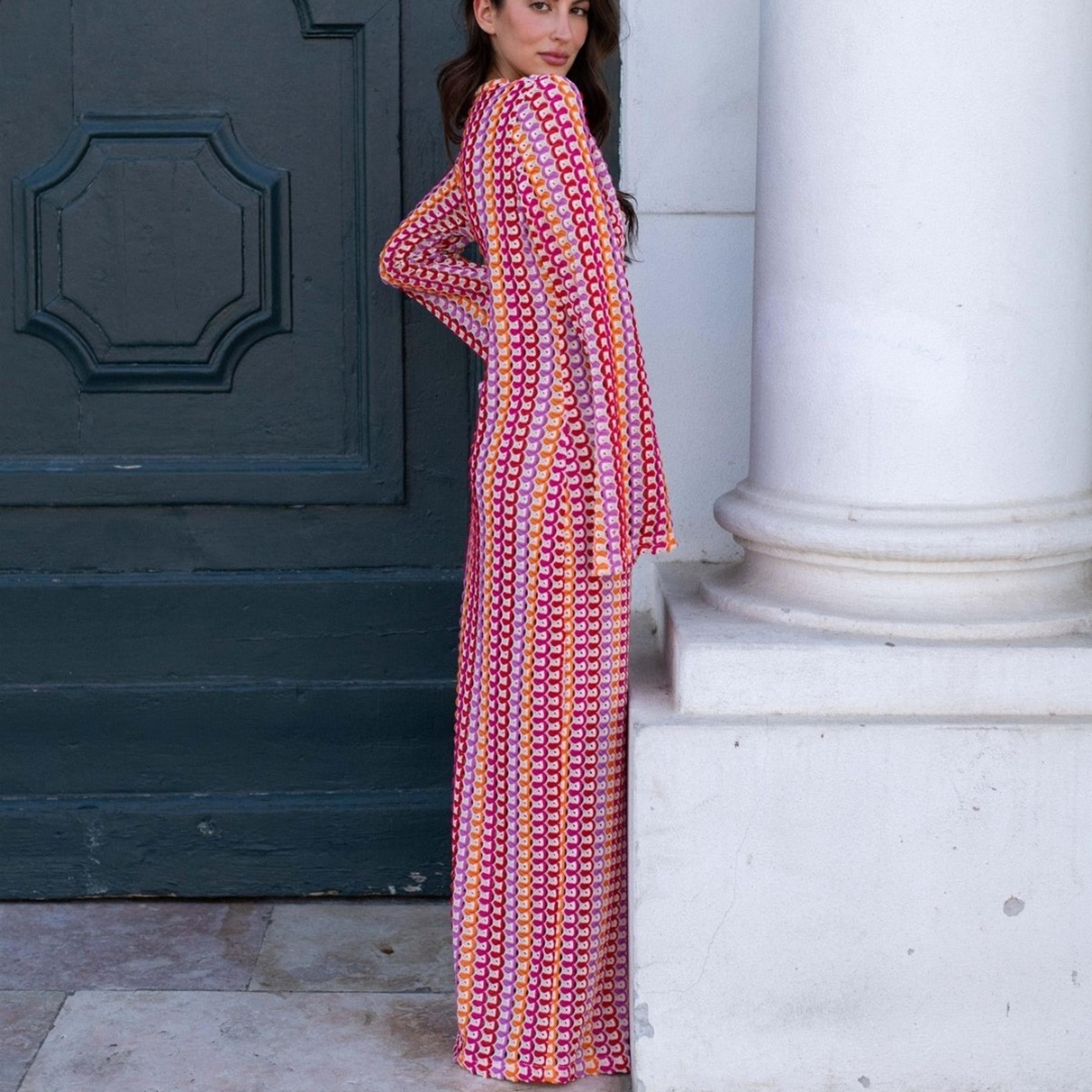 Boho Crochet Colorful Stripe Flare Sleeve Maxi Dress 5