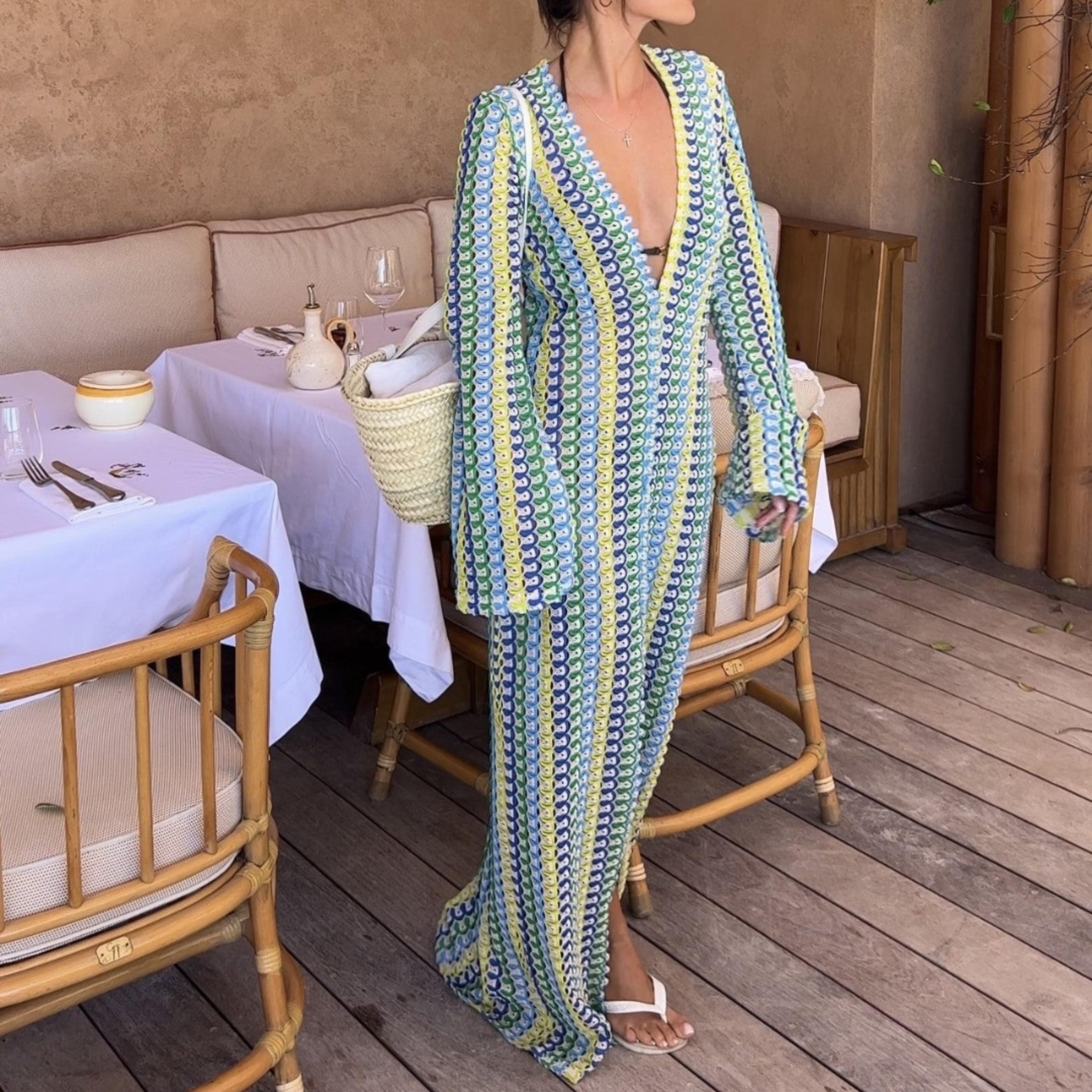 Boho Crochet Colorful Stripe Flare Sleeve Maxi Dress 4